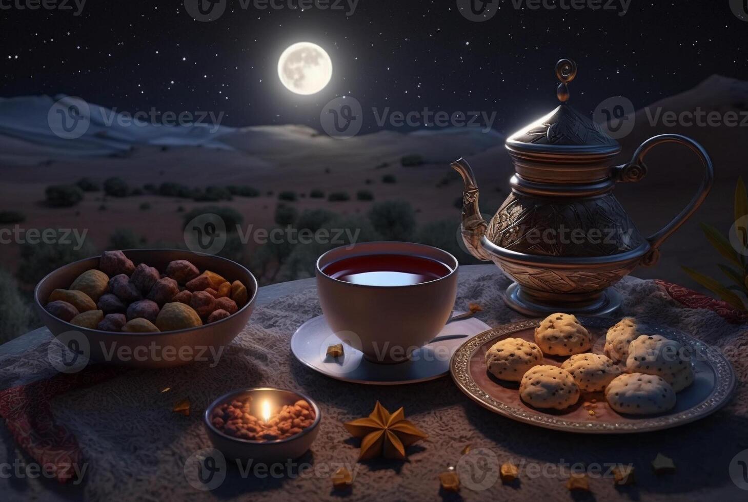 Festive ramadan kareem photo background with cup of tea and dates for iftar menu. illustration