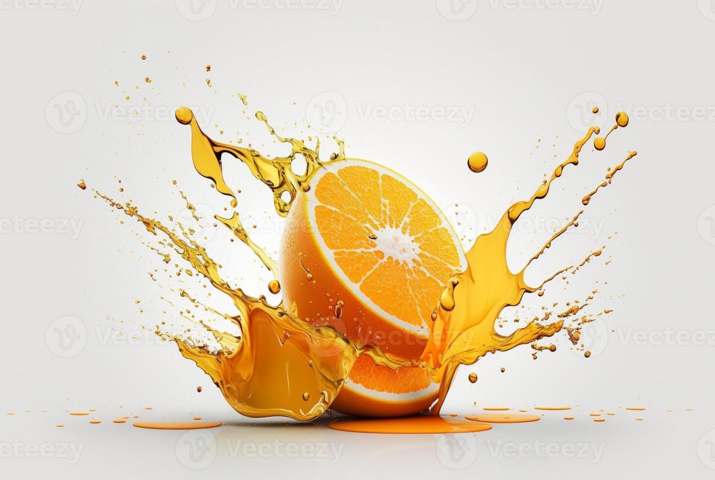 Orange slice with orange juice splash isolated on white background, photo