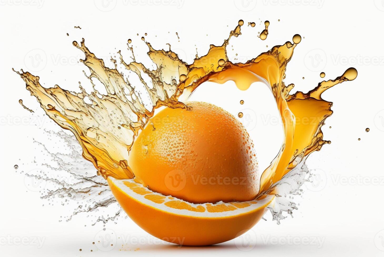 Orange slice with orange juice splash isolated on white background, photo