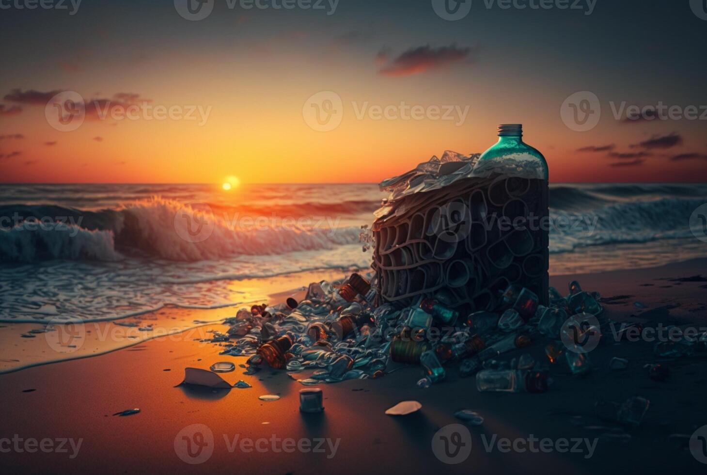 trash by the beach with sunset. photo