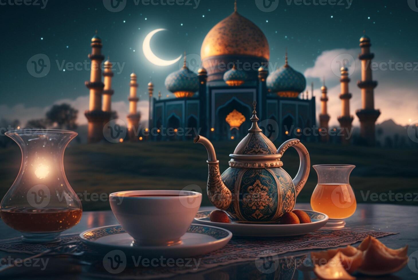 Festive ramadan kareem photo background with cup of tea and dates for iftar menu. illustration