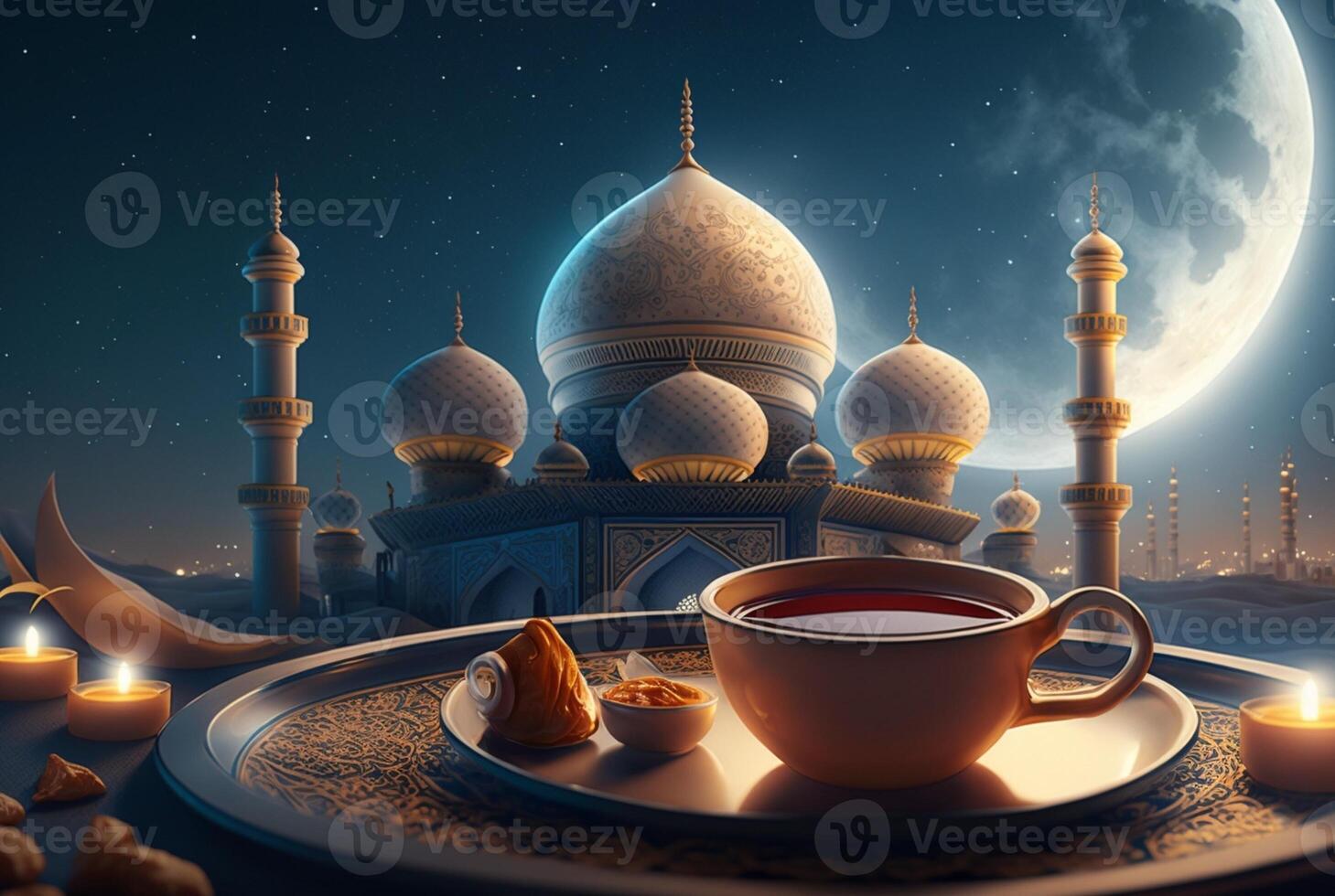 Festive ramadan kareem photo background with cup of tea and dates for iftar menu. illustration