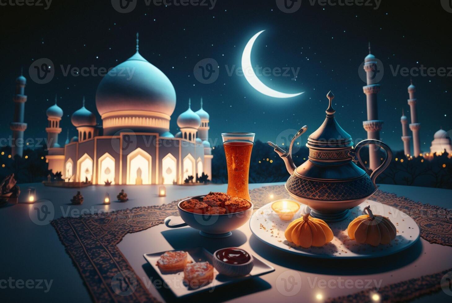 Festive ramadan kareem photo background with cup of tea and dates for iftar menu. illustration