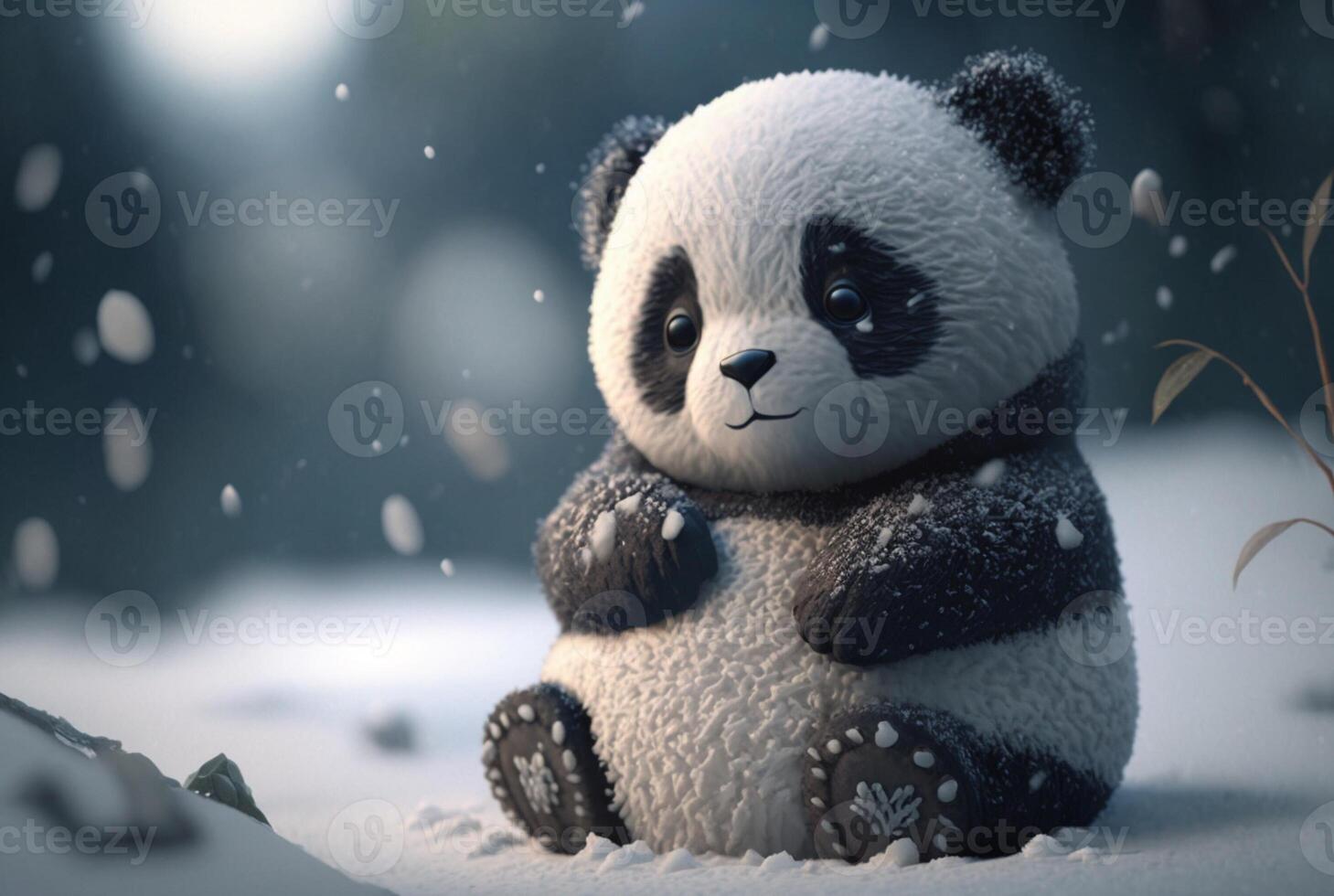 Cute Panda baby playing in snow winter, photo