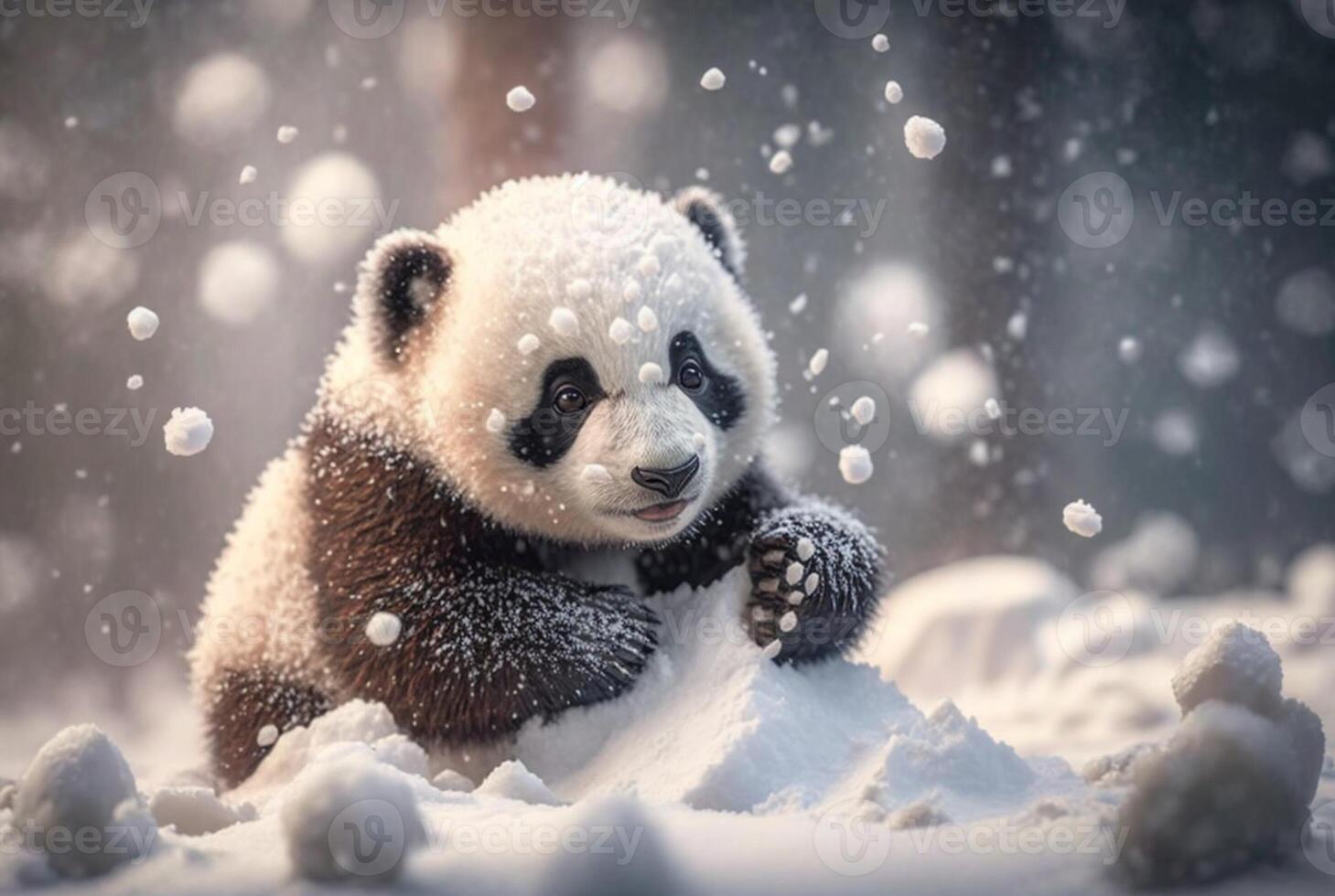 Cute Panda baby playing in snow winter, photo