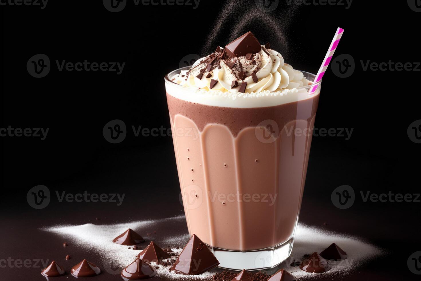 cold chocolate milkshake with splashes on dark background by photo