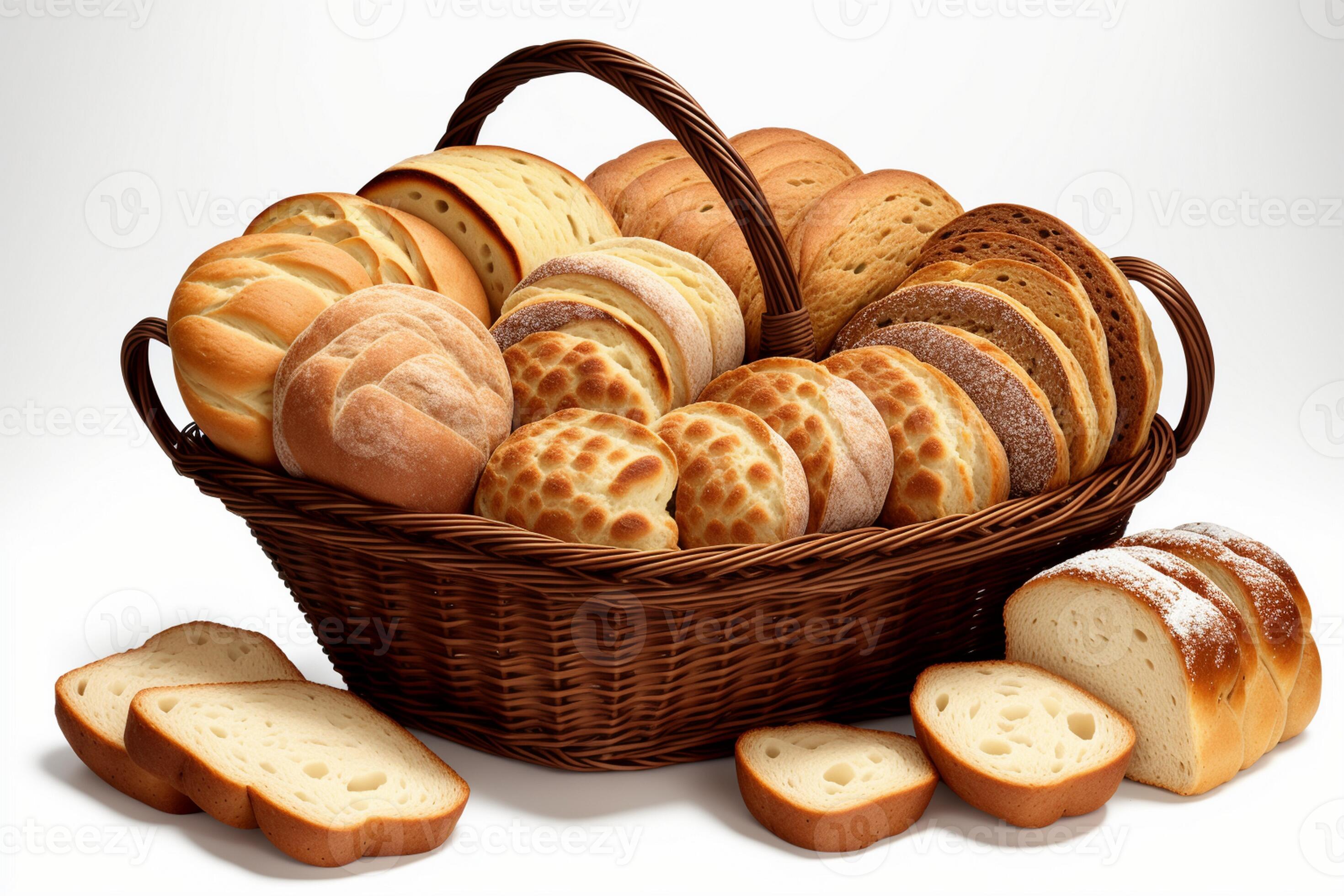 Large basket full of assorted breads isolated on white background by ai