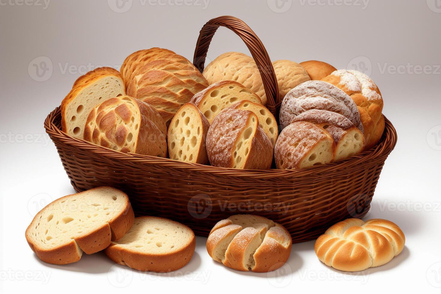 Large basket full of assorted breads isolated on white background by photo