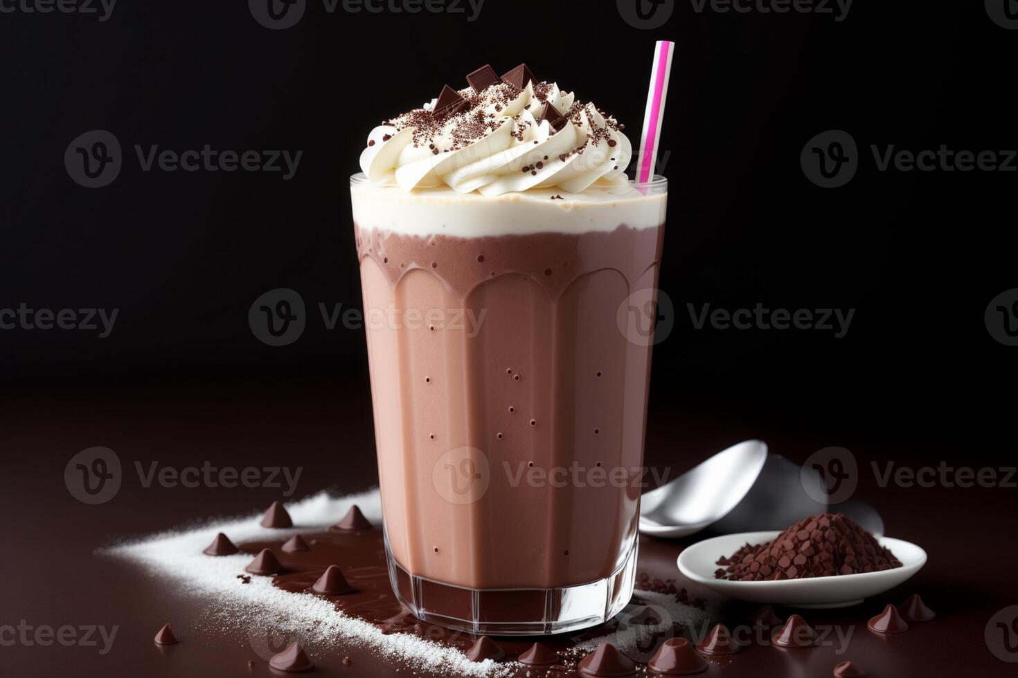 cold chocolate milkshake with splashes on dark background by photo