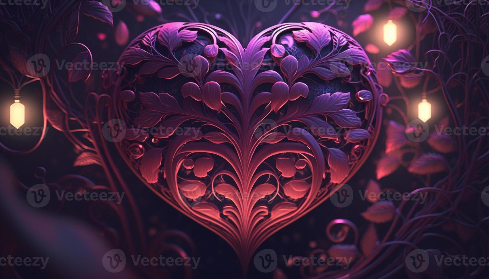 Happy valentines day with ornate pattern and abstract heart loves, vines, pink and iridescent lights, purple, soft pink, red abstract background. Generative Ai. photo
