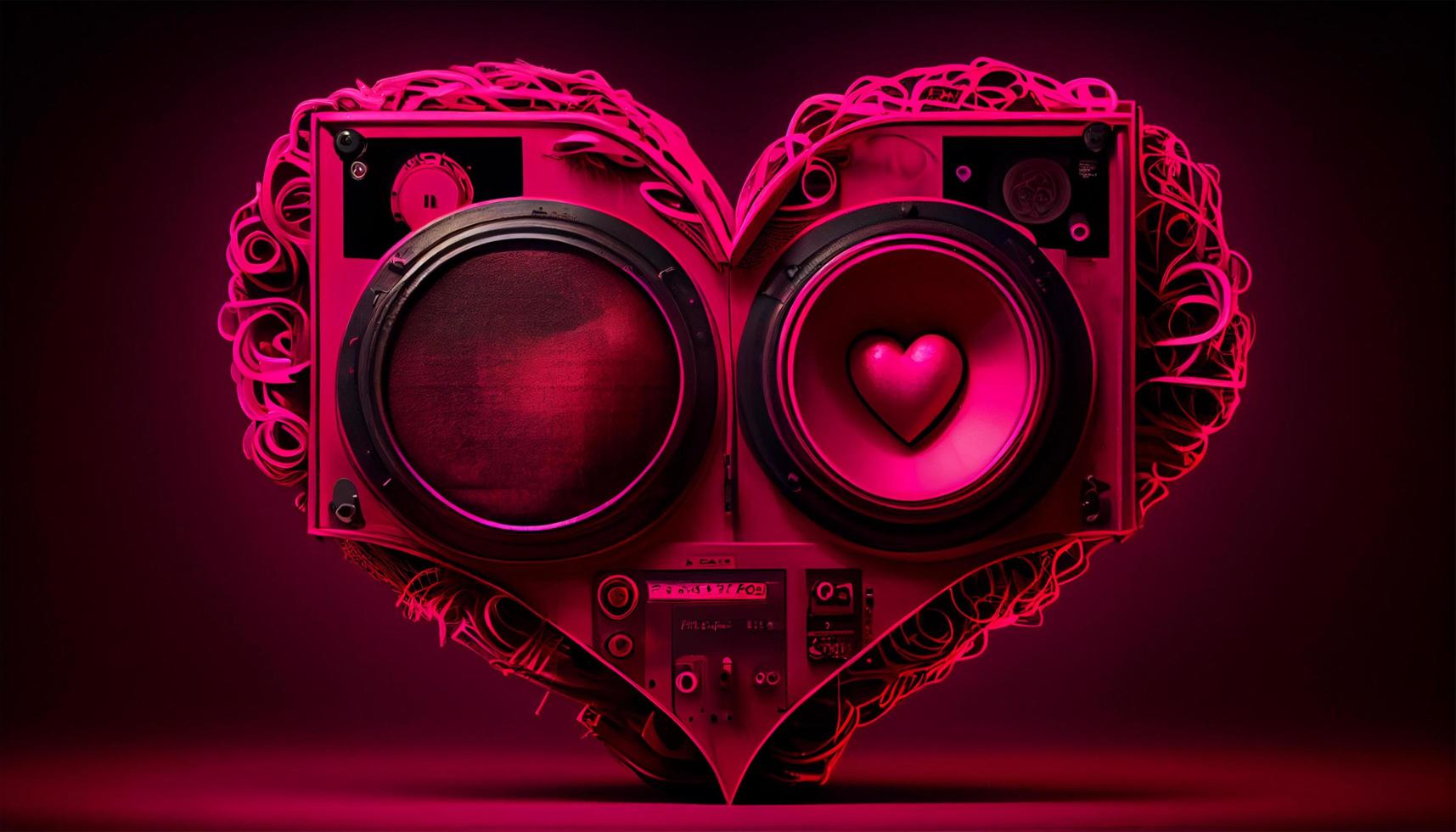 Valentine's Day love with music, stereo, red bright pink heart. Generative Ai. photo