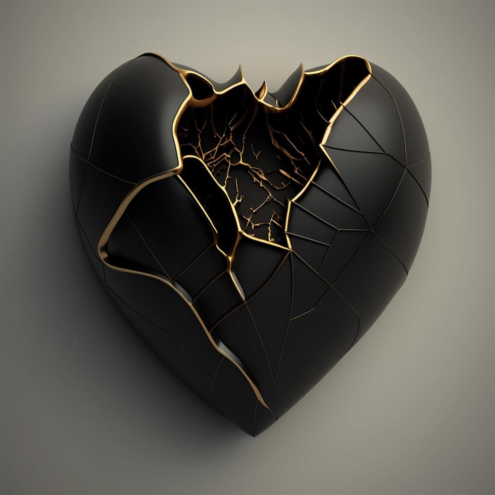 Realistic top view on elegant fantastic and black color for the valentine's day heart with golden cracks. Generative Ai. photo