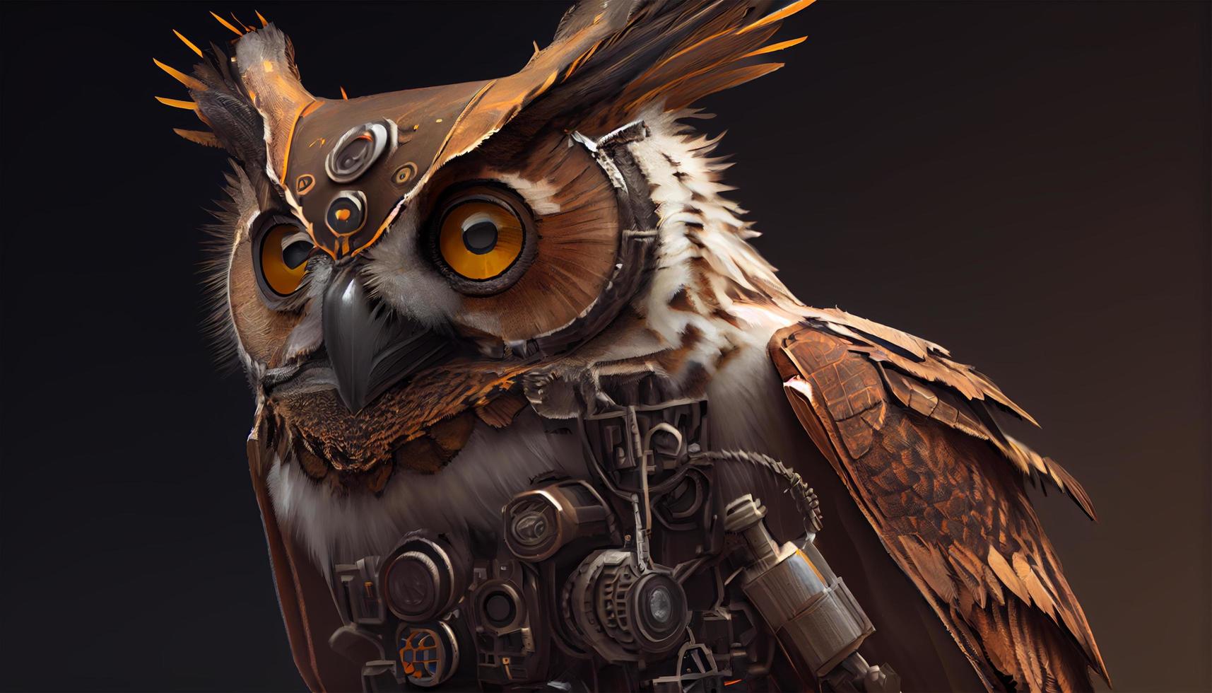 Closeup horned owl engineer in forest with cinematic concept. Generative Ai. photo