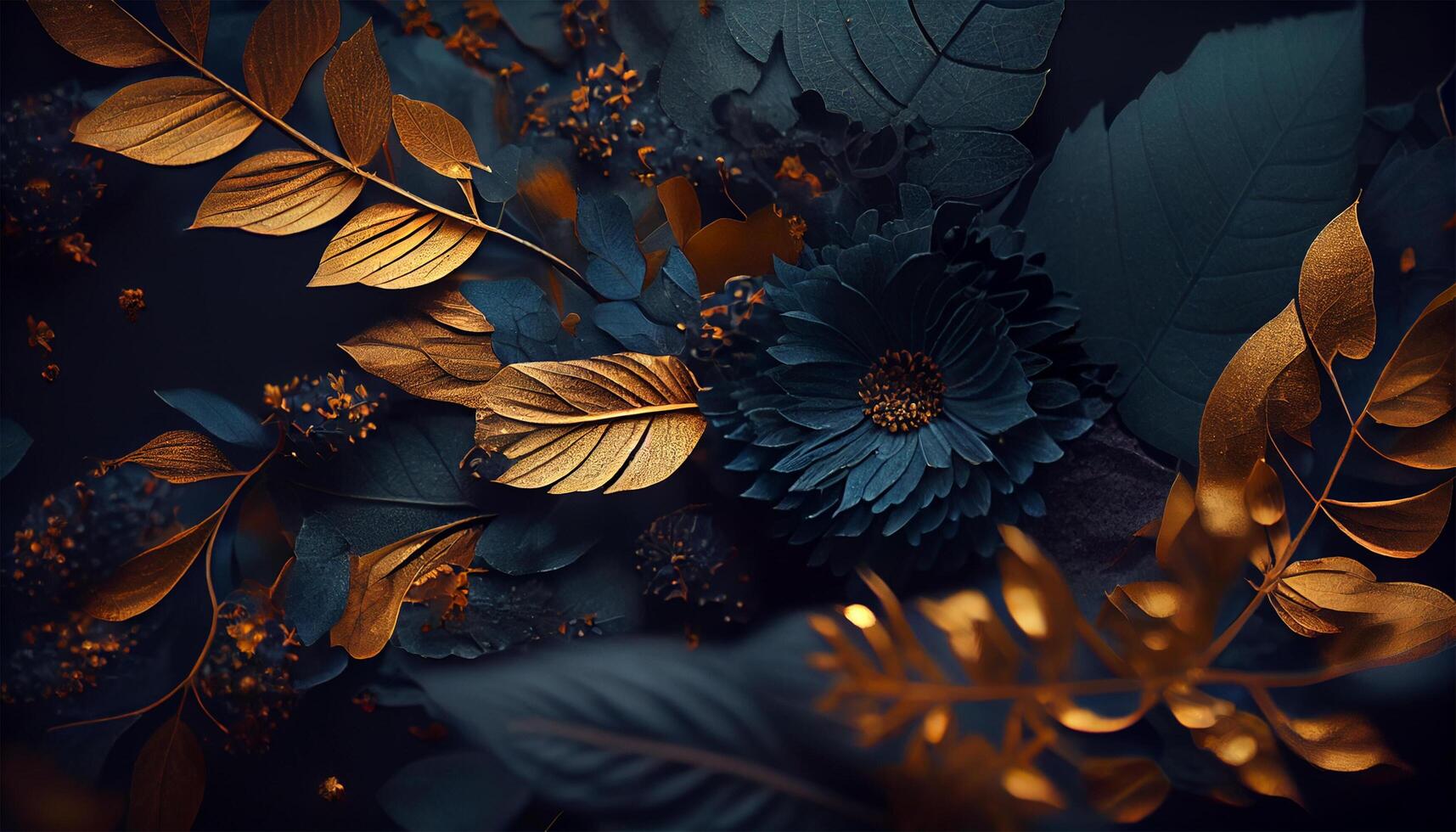 Luxury and elegant blue and golden dust flowers, and branch leaves on dark blue background. Vintage floral decoration. Flat lay, top view fantastic plant 3d illustration. . photo