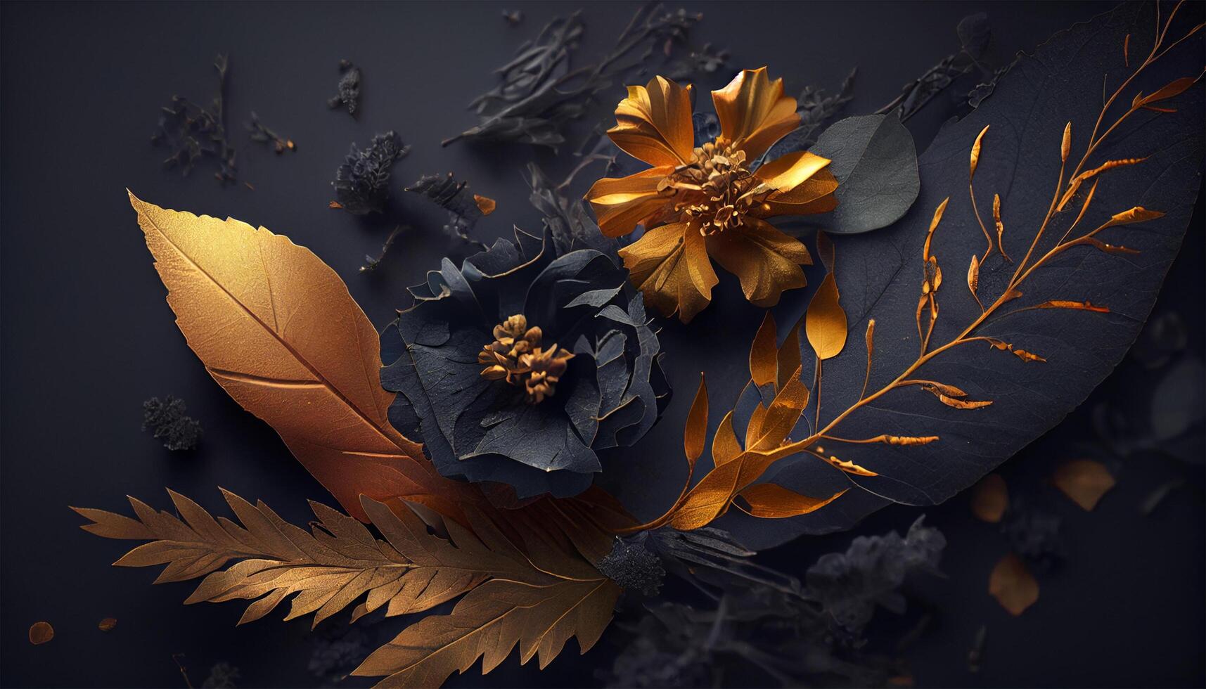 Luxury and elegant blue and golden dust flowers, and branch leaves on dark blue background. Vintage floral decoration. Flat lay, top view fantastic plant 3d illustration. . photo