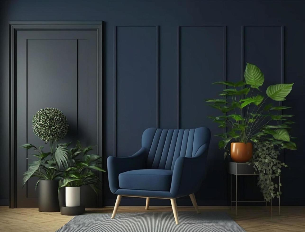 Creative composition of modern living room interior mockup design with blue sofa and elegant home accessories. Dark blue wall color. Home staging and plant. Template. Copy space. 3d Render. photo