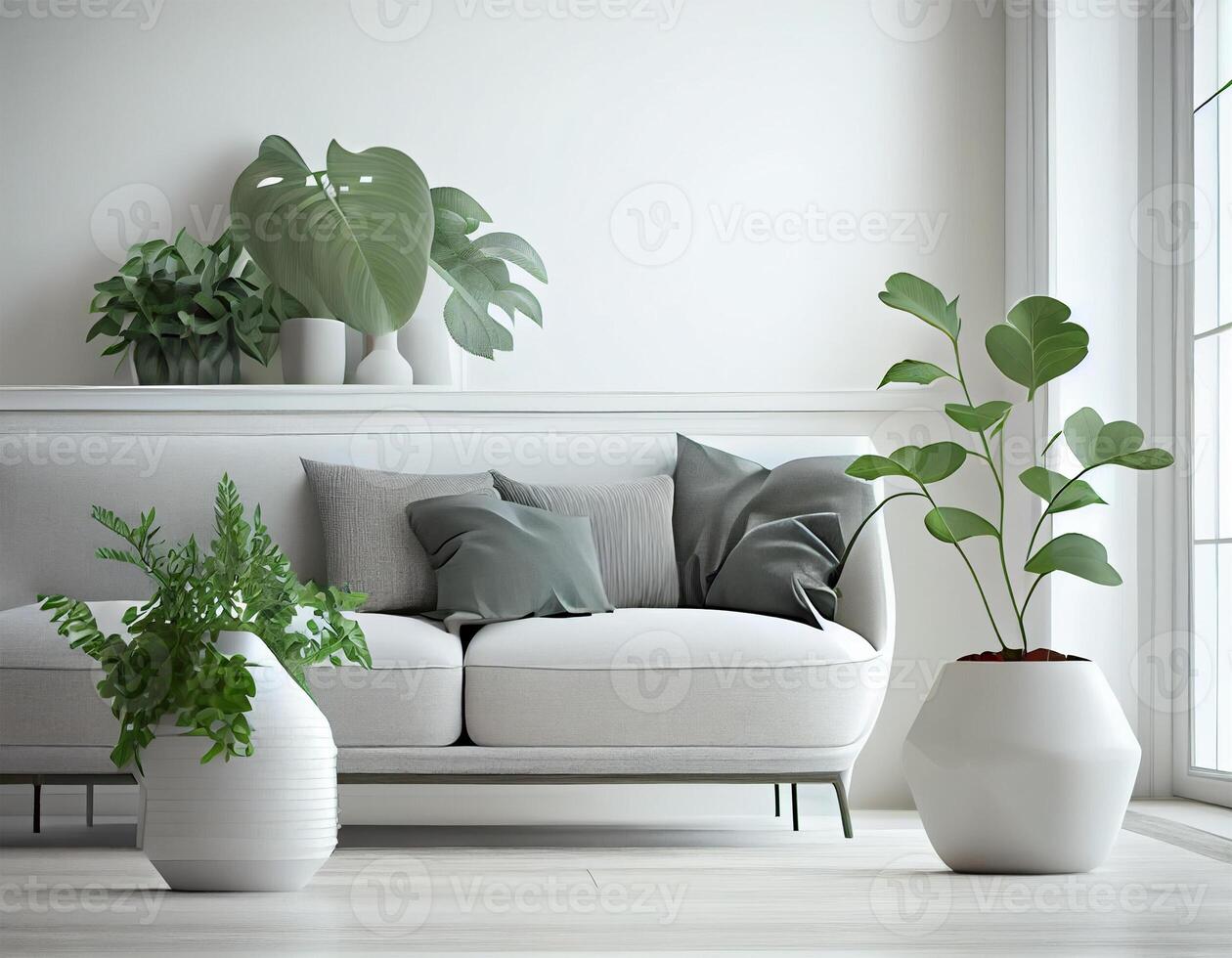 elegante vivo habitación interior de moderno Departamento y de moda muebles, plantas y elegante accesorios. hogar decoración. plantilla, 3d prestar, 3d ilustración.generativa ai. foto