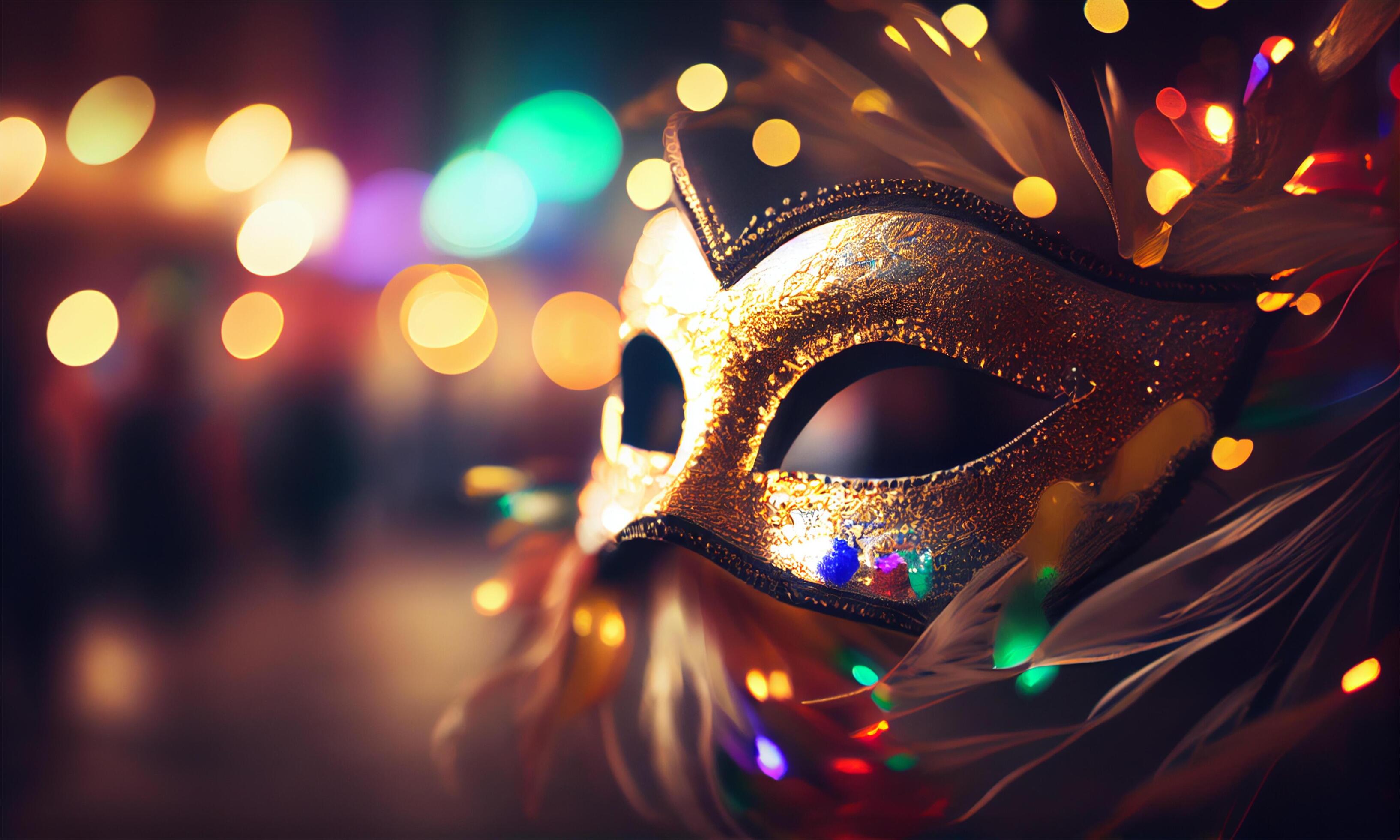 Venetian Mask With Abstract Defocused Bokeh Lights And Shiny Streamers
