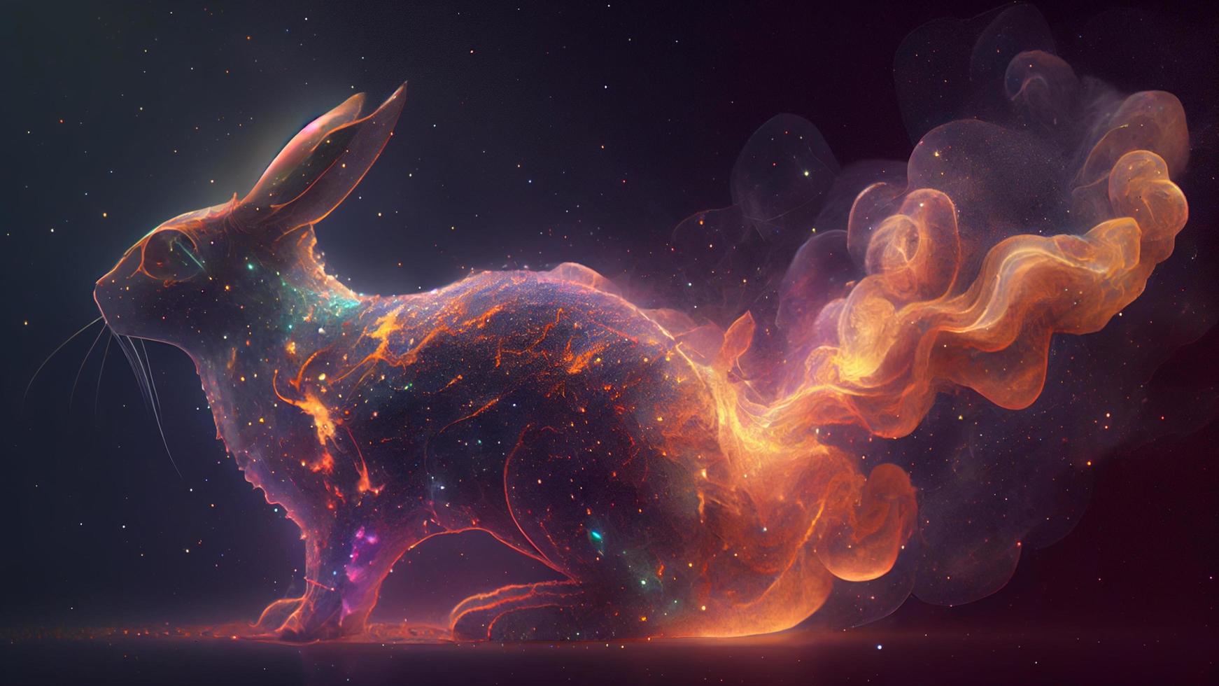 A hare with a glimmer of starlight, the universe and galaxies adorn the sky with wisps of smoke. Generative Ai. photo