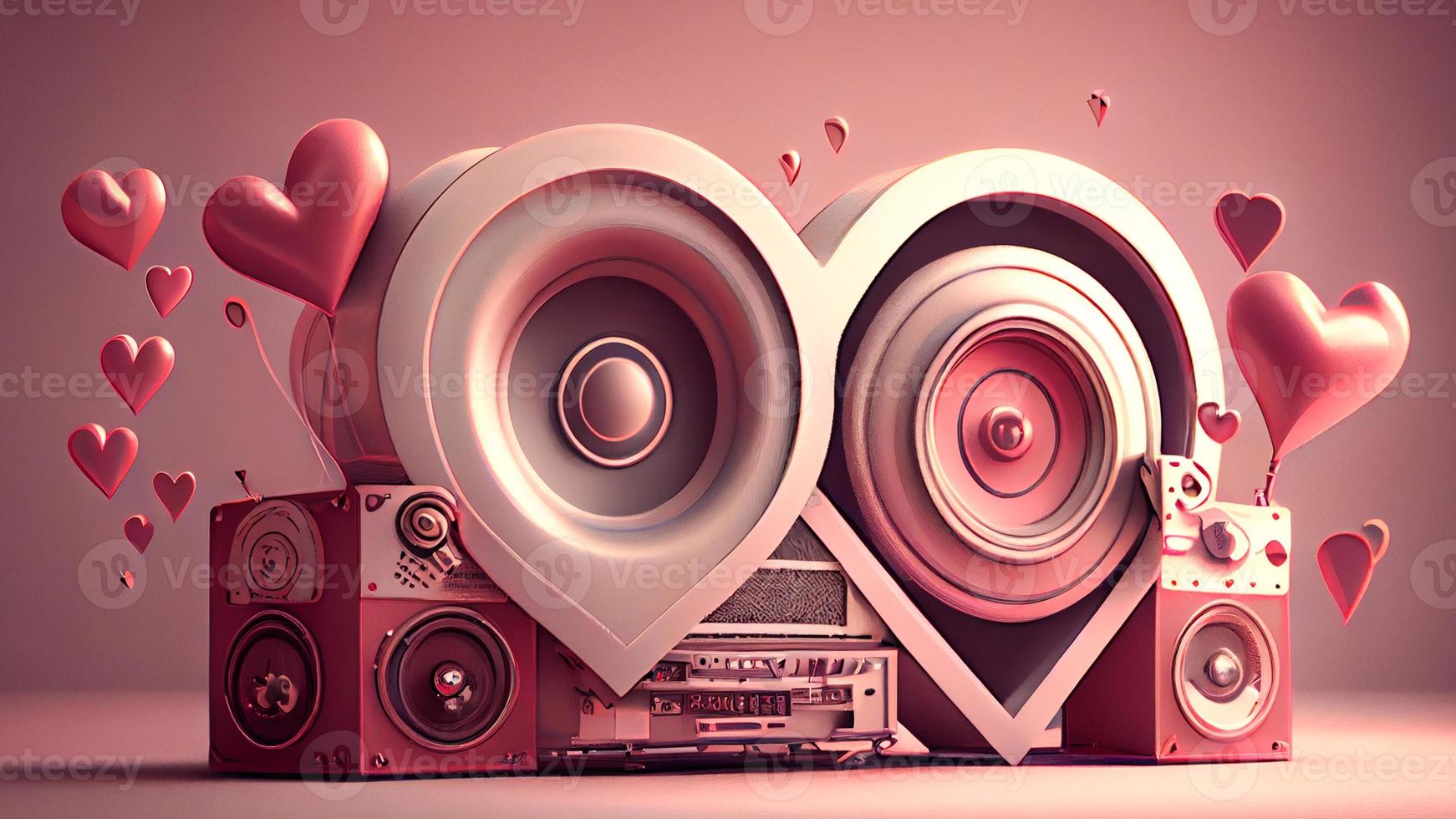 Valentine's Day love with music, stereo, red bright pink heart element decoration. Generative Ai. photo