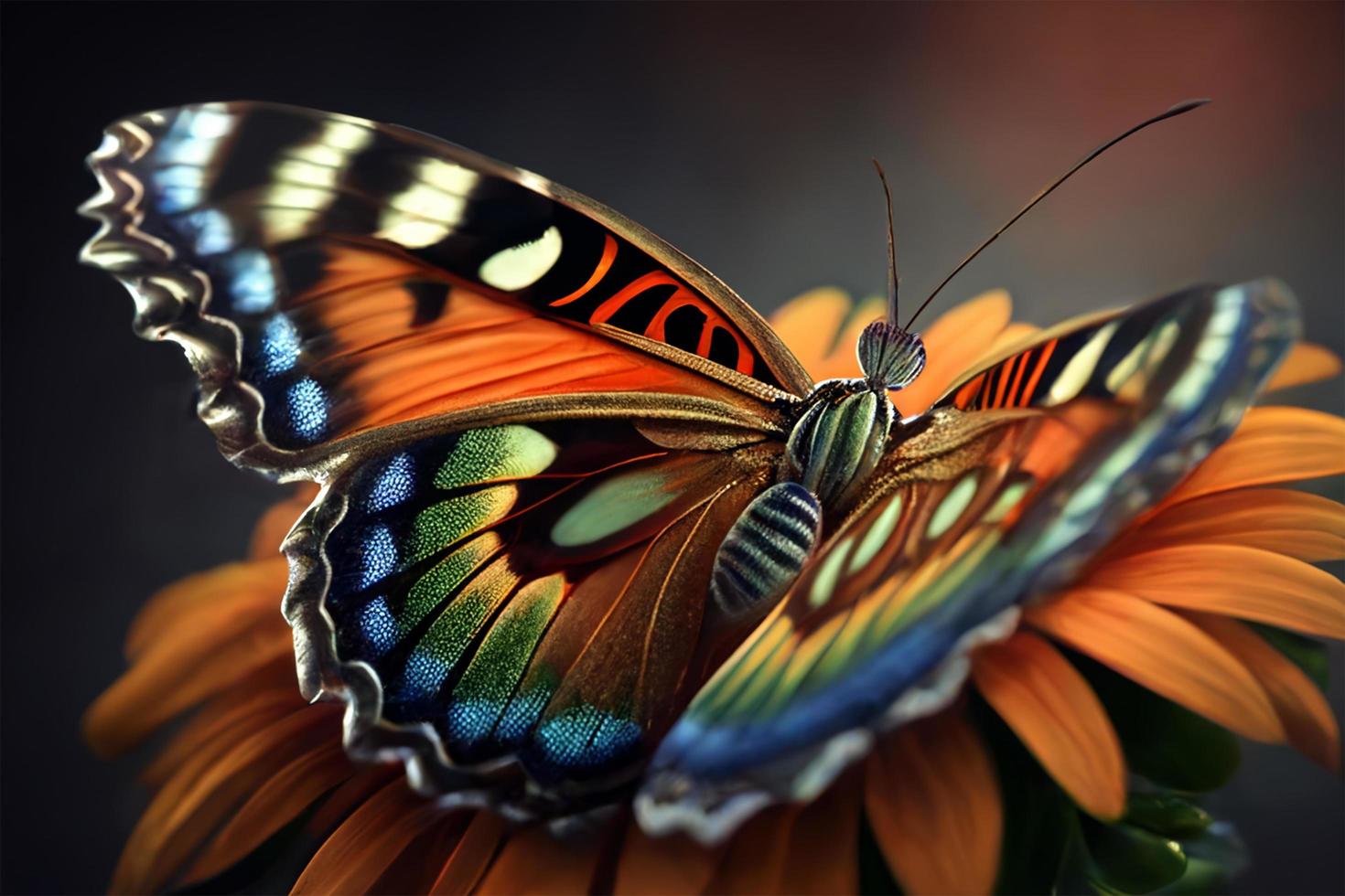 hermosa mariposa en un flor en girasoles generativo ai. foto