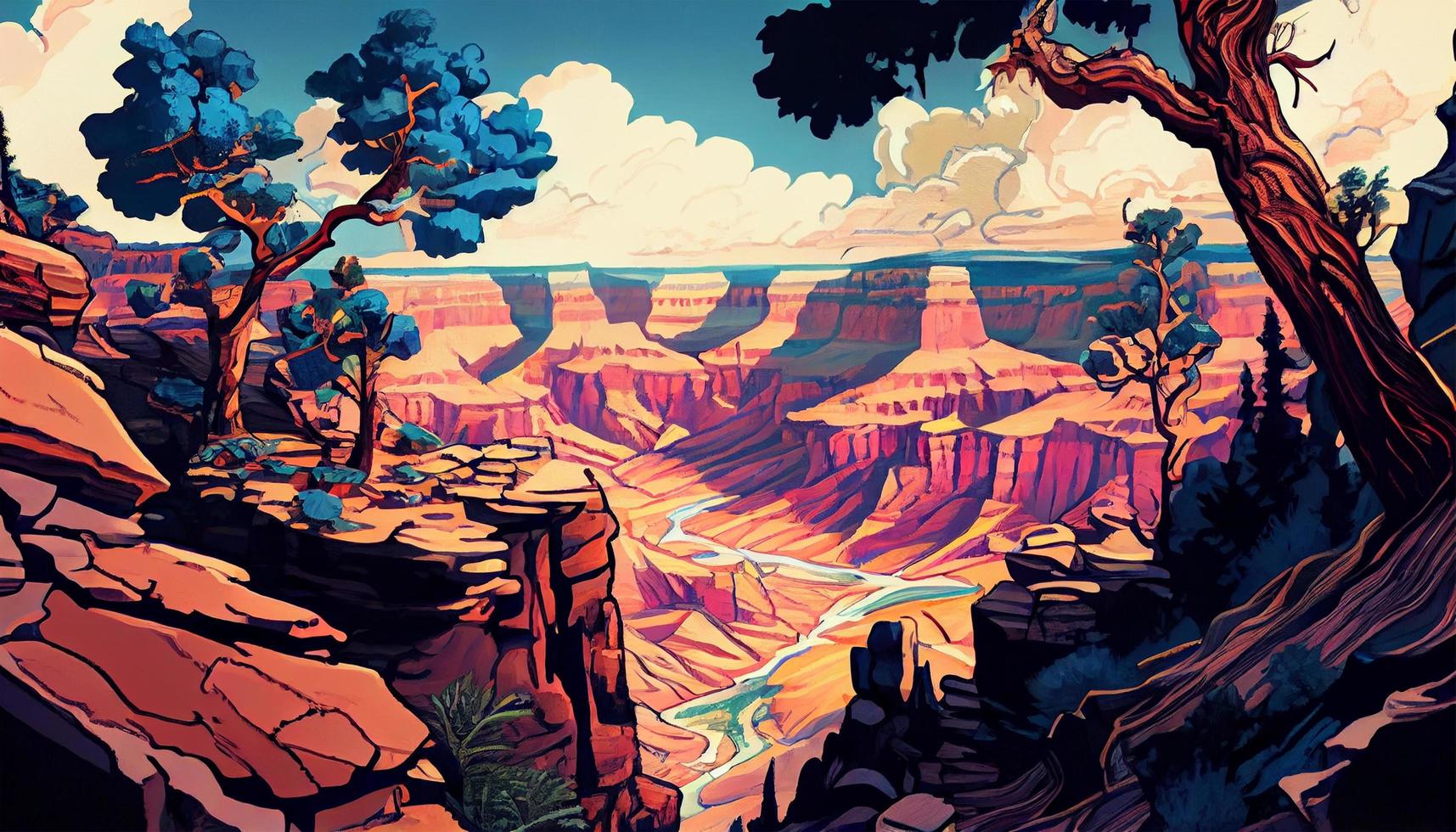 Astonishing landscape artwork, Fusion between Cell-shading And Alcohol ink, Grand Canyon High Angle View. Generative Ai. photo