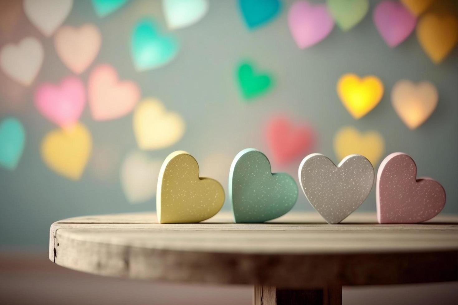 Valentines day themes background with empty pastel color wooden table for product display, copy space, hearts, and bokeh lights in the wood background. Generative Ai photo