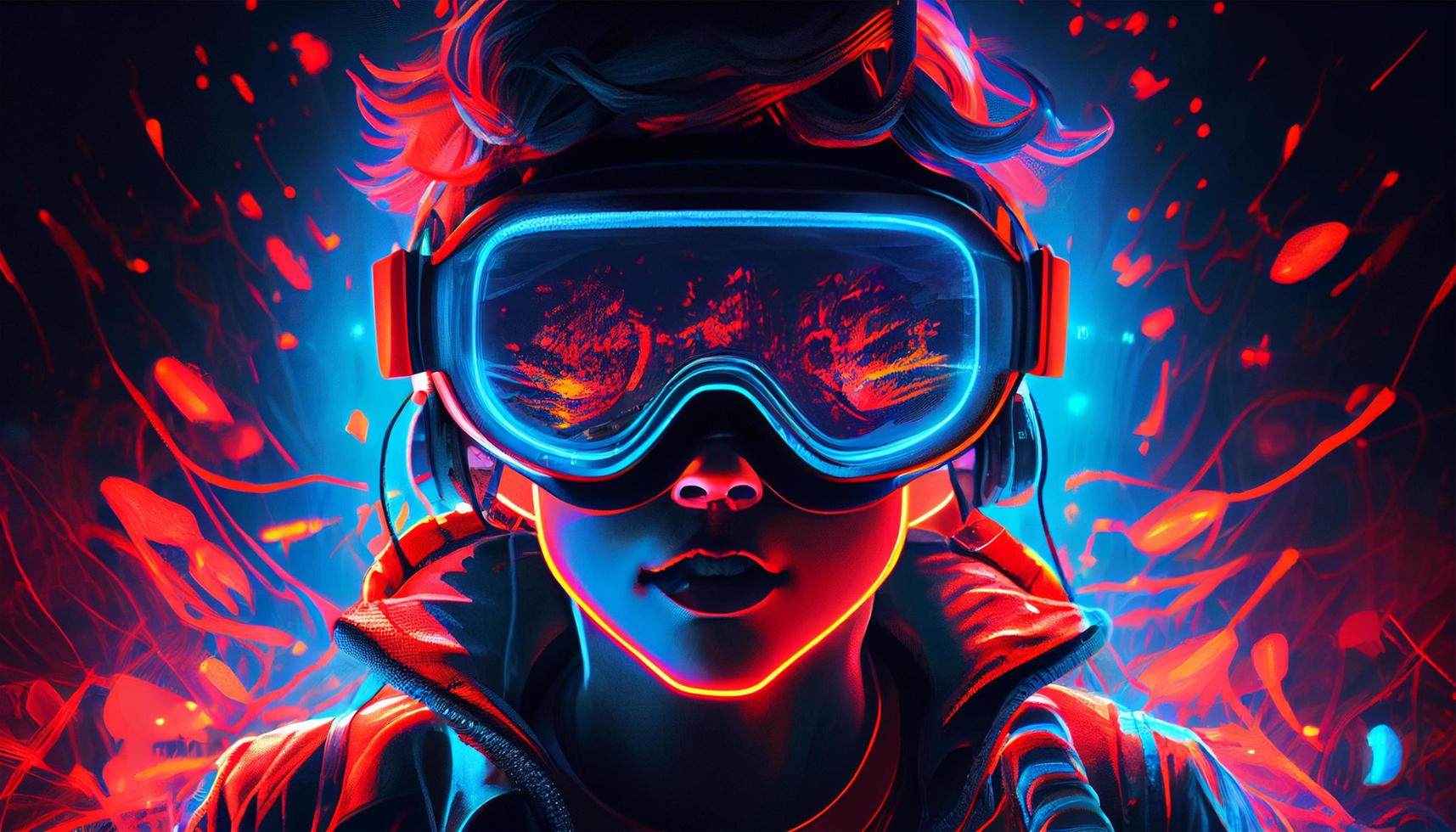 A young creative woman wearing a virtual reality headset with abstract neon background. Games and entertainment of the digital technology metaverse of the future. Generative Ai. photo