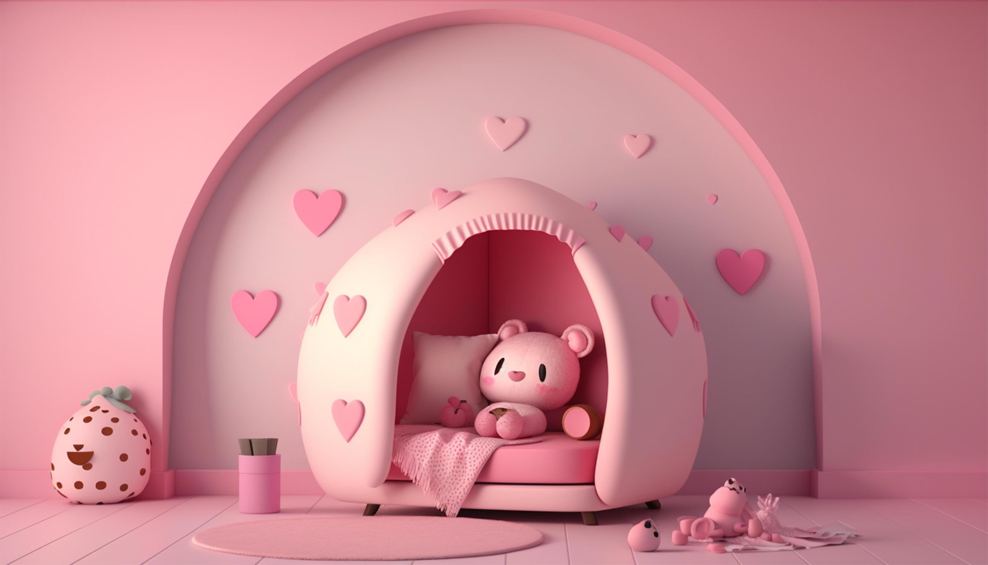 Valentine\'s day in children\'s room with cute baby doll on soft ...