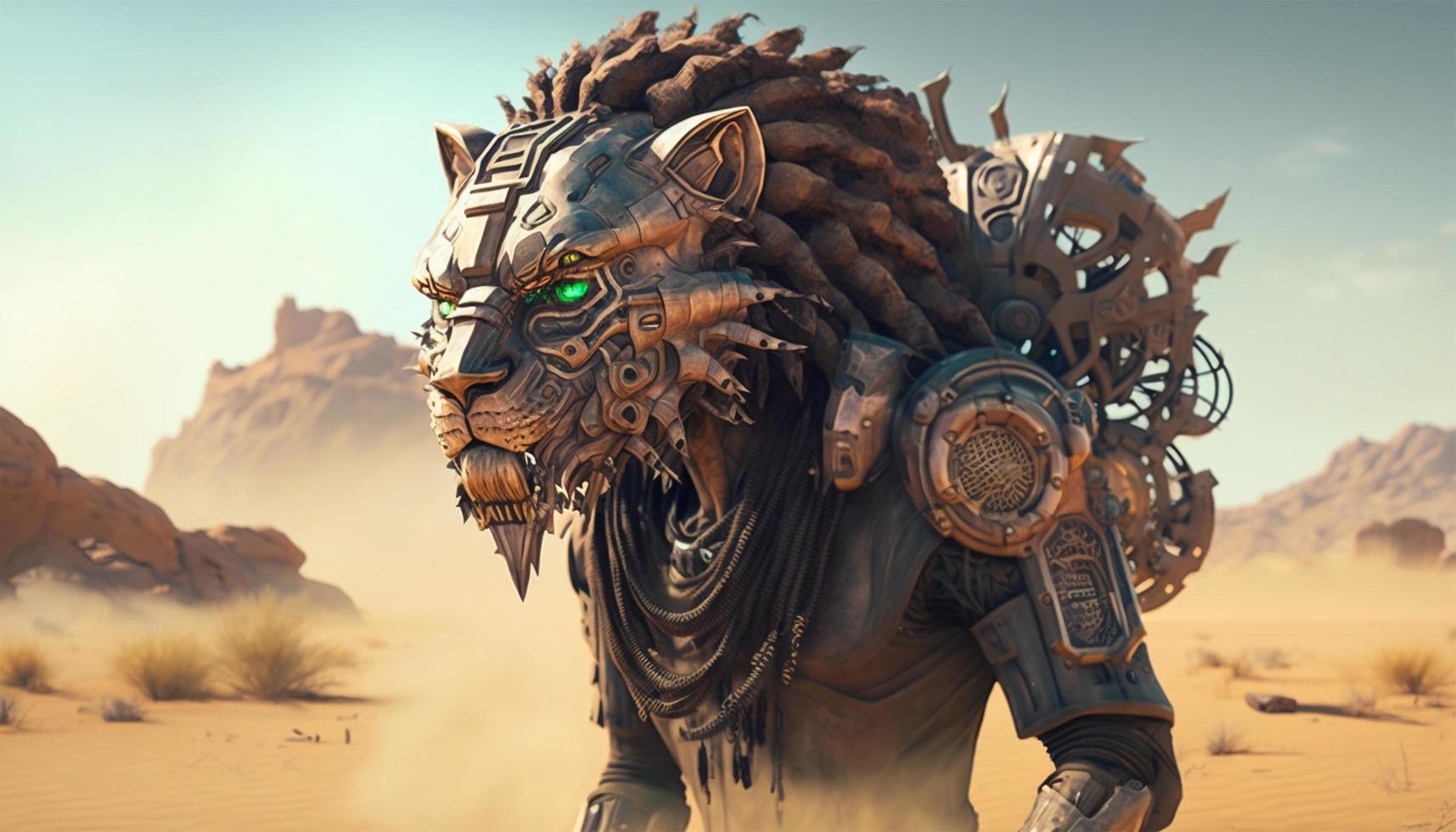 león cabeza cyborg con cyberpunk estilo a Desierto con un de miedo cara futuro generativo ai. foto