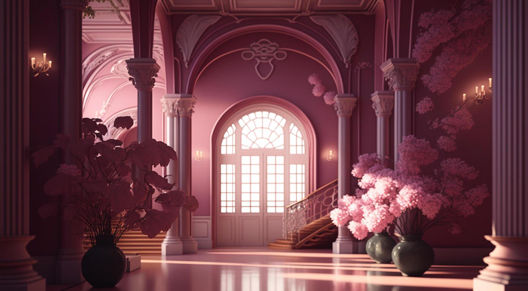 lujo dentro el rosado palacio de el magnífico castillo con flores decoración y antiguo Clásico adornos en pilar con lleno luz. generativo ai. foto