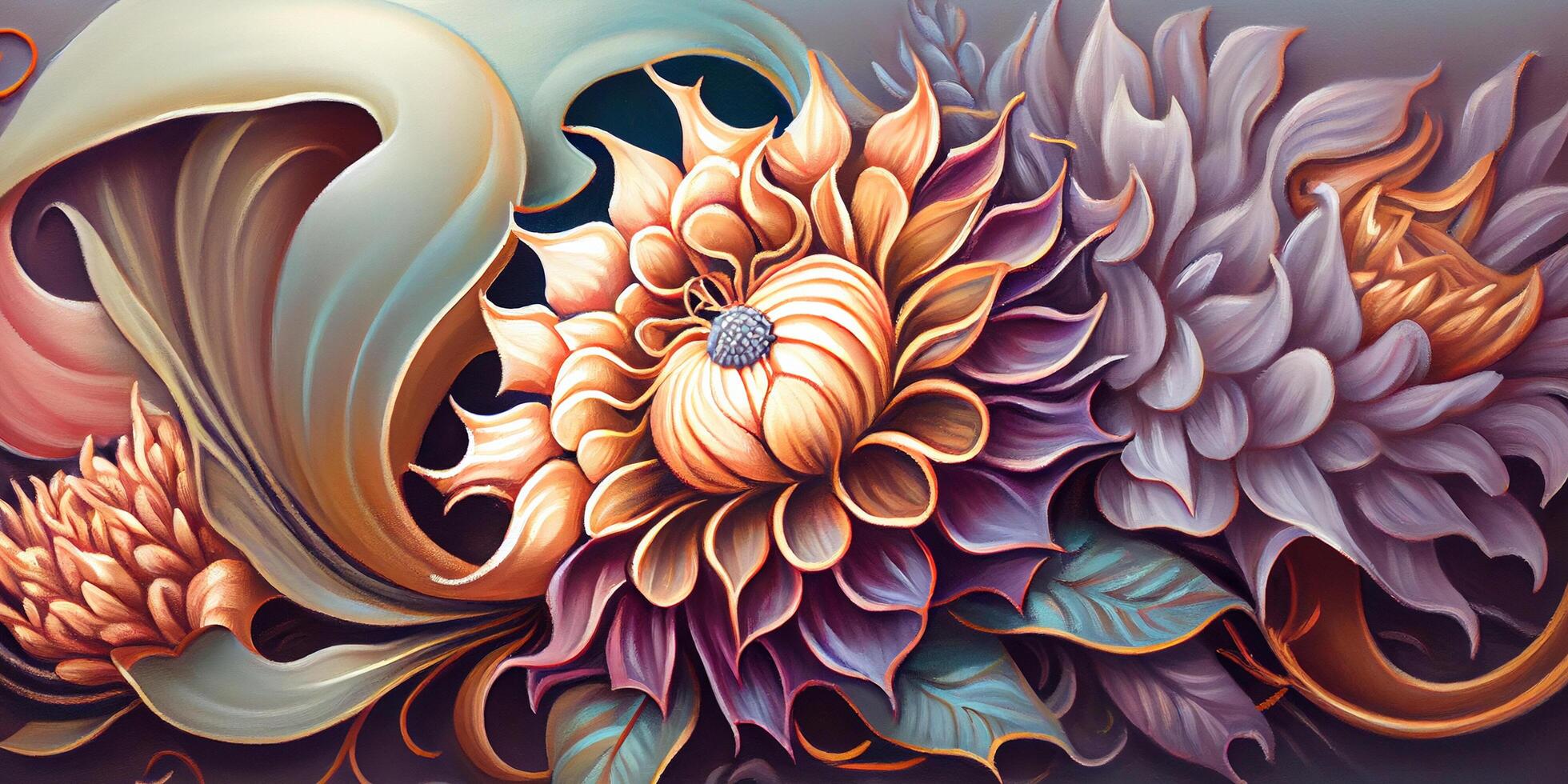 Abstract colorful floral pattern decorations with grunge texture and details for background wallpaper or backdrop. Tropical exotic flowers in bright colors. . photo