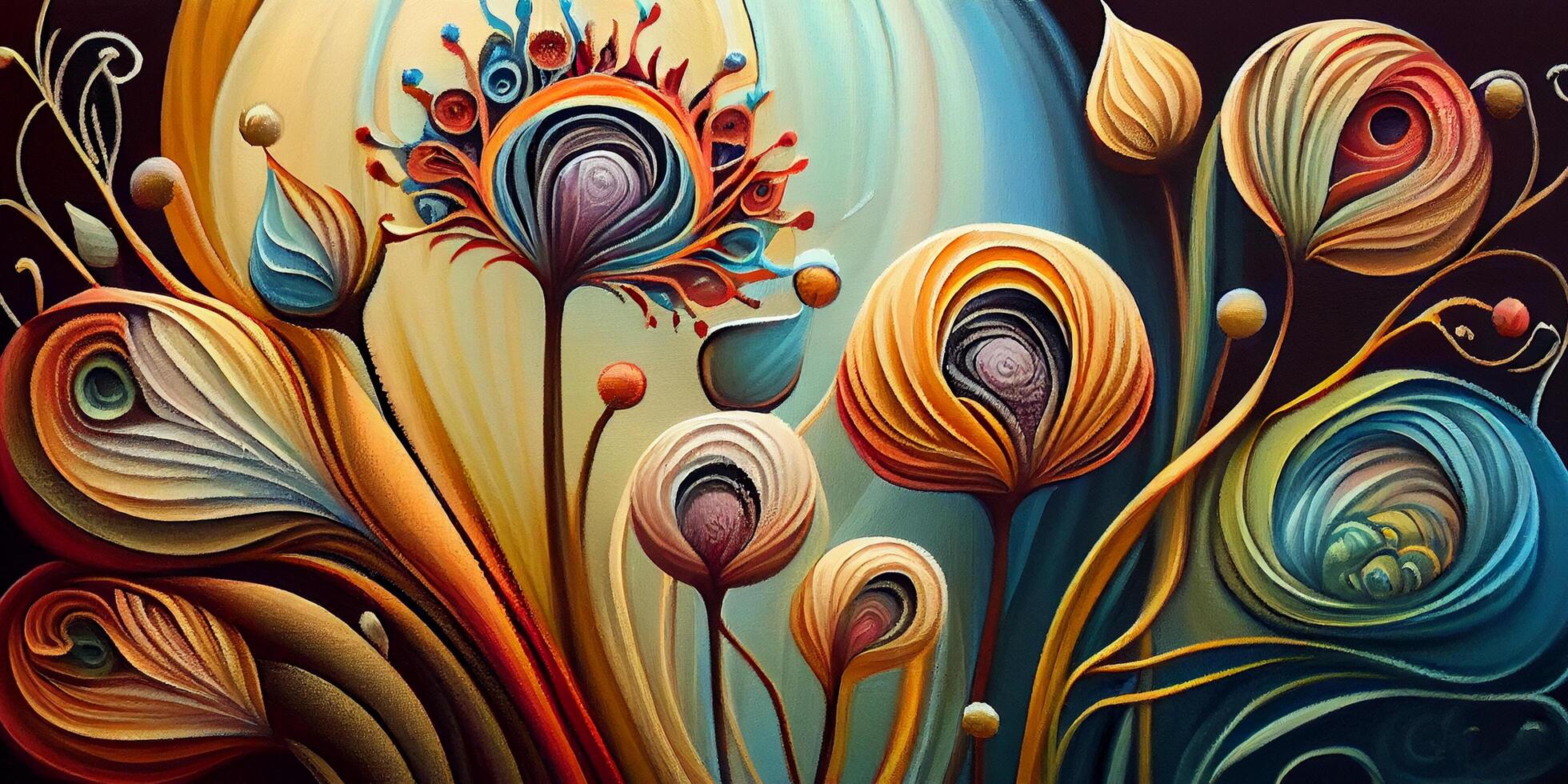 Abstract colorful floral pattern decorations with grunge texture and details for background wallpaper or backdrop. Tropical exotic flowers in bright colors. . photo