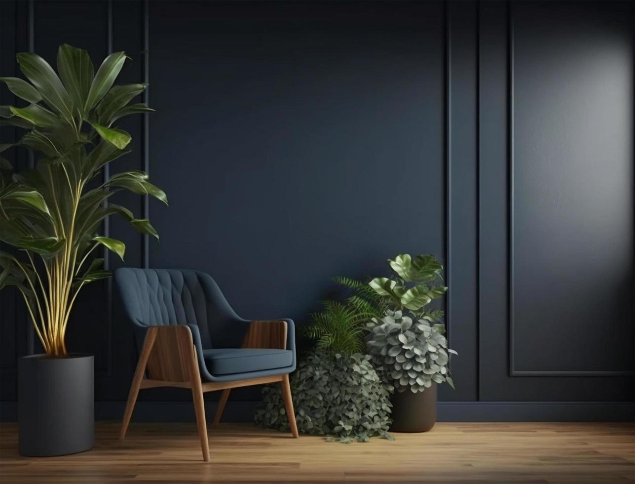 Creative composition of modern living room interior mockup design with blue sofa and elegant home accessories. Dark blue wall color. Home staging and plant. Template. Copy space. 3d Render. photo