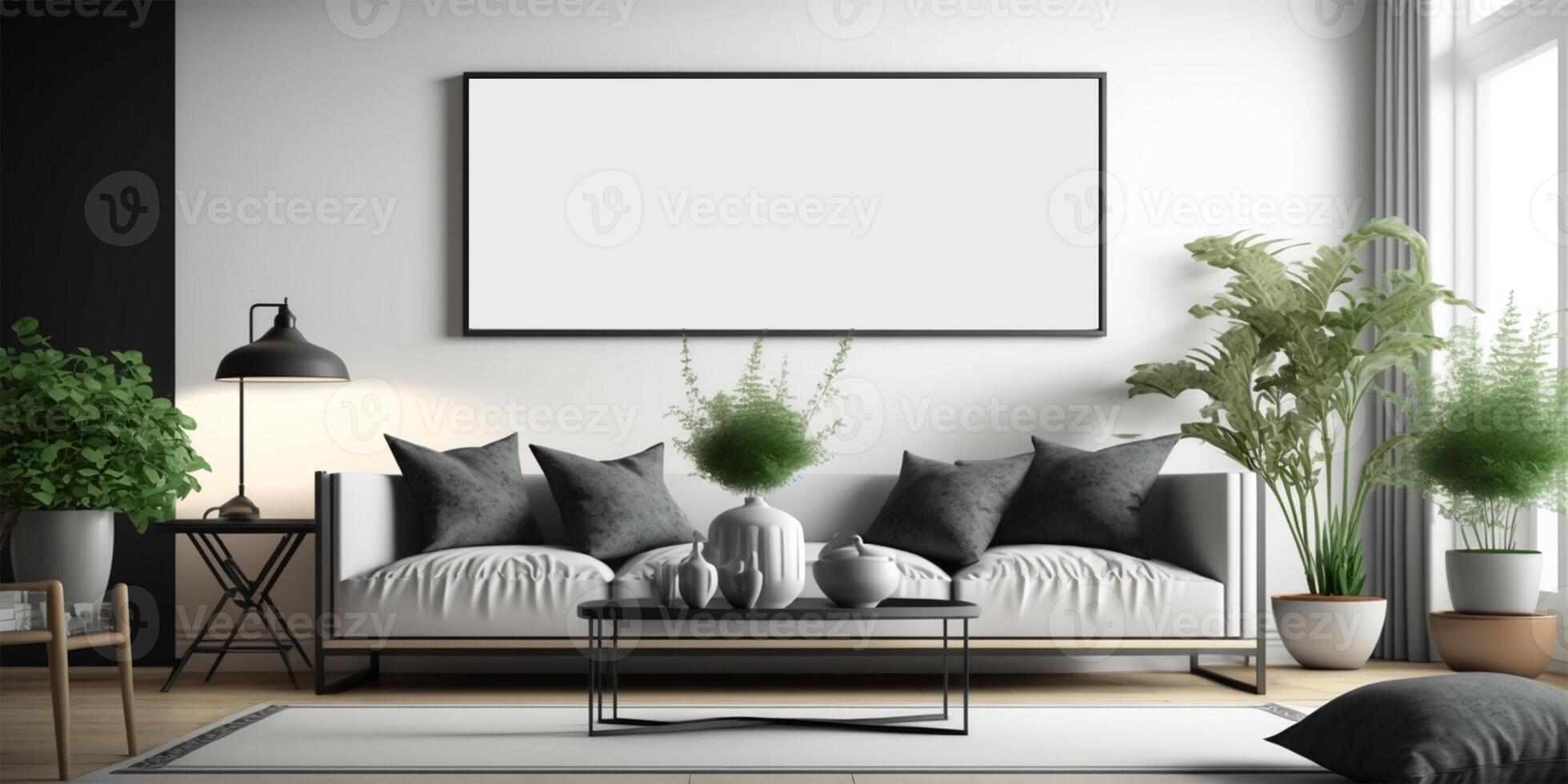 Blank poster wall frame mock up in modern Scandinavian style living room interior. Modern living room interior background, sofa and plant on table, 3d rendering . photo