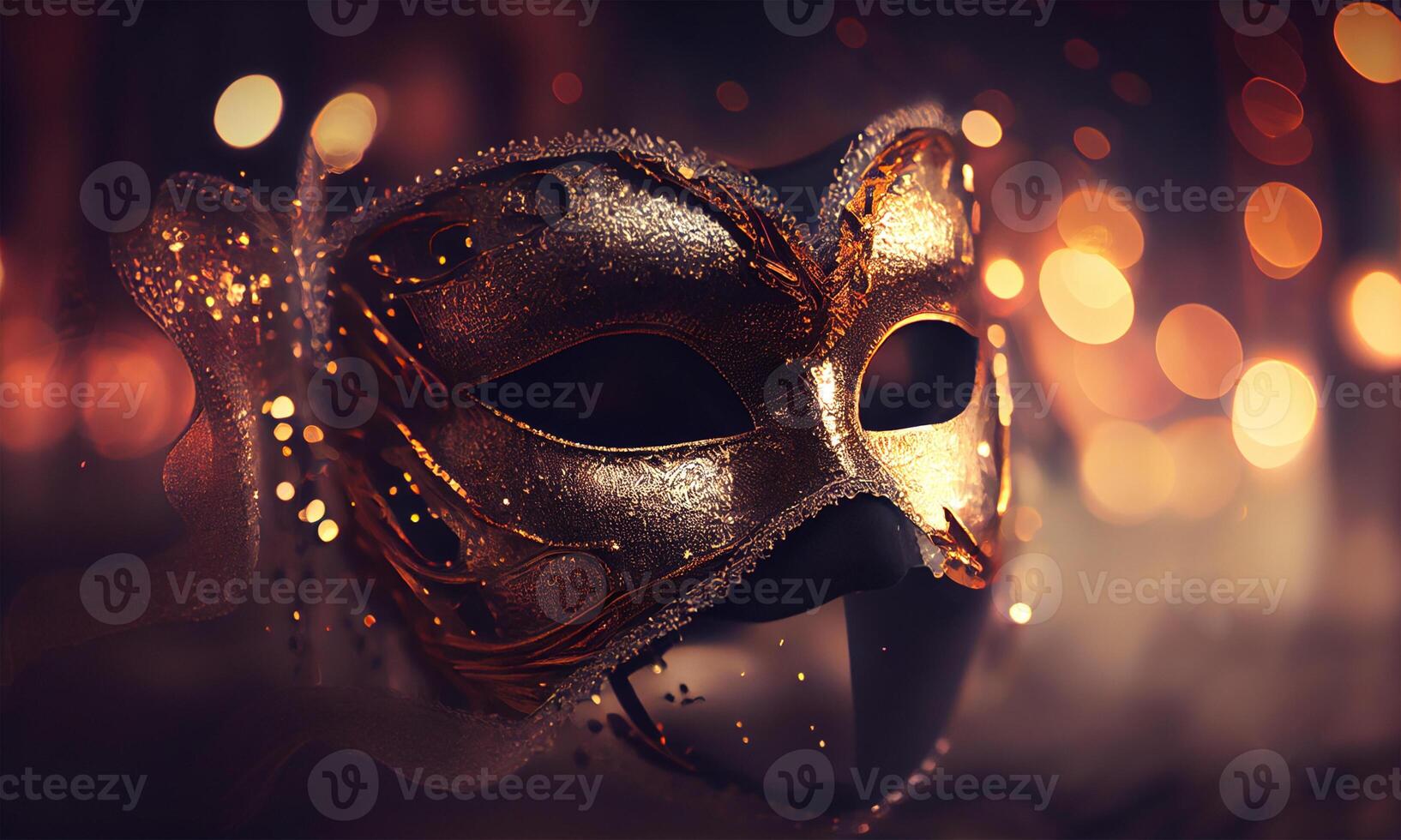 Venetian Mask With Abstract Defocused Bokeh Lights And Shiny Streamers for Carnival Party. Masquerade Disguise Concept. Blurred Bokeh Background. . photo