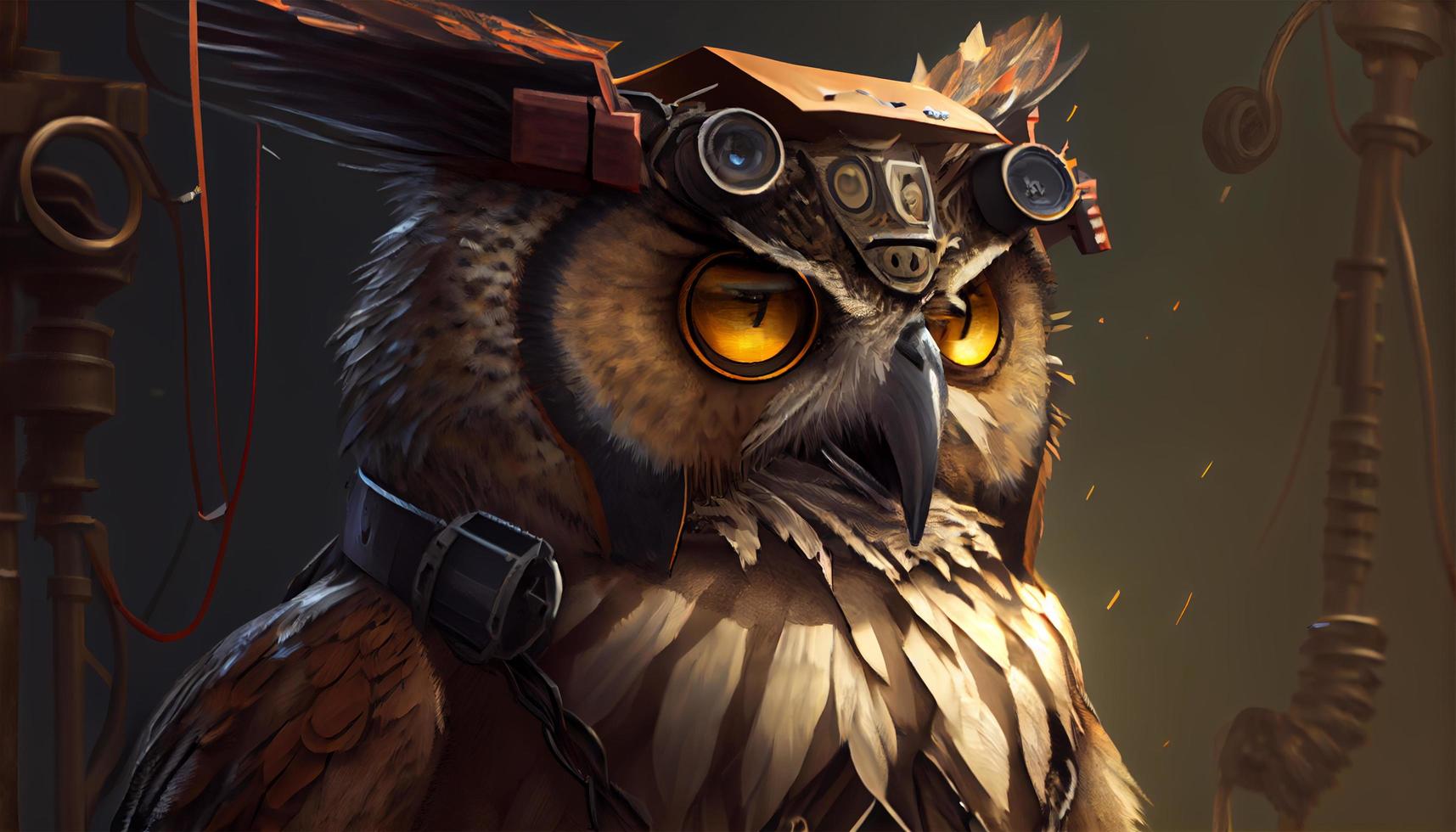Closeup horned owl engineer in forest with cinematic concept. Generative Ai. photo