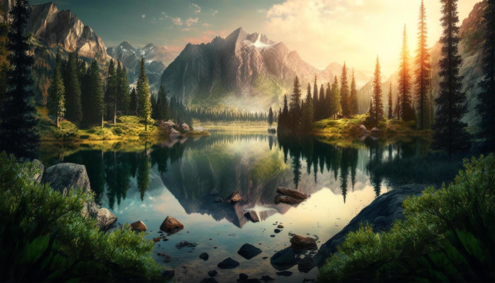 A beautiful panoramic landscape green forest with a lake and sunrise in the back mountain background with generative ai. photo