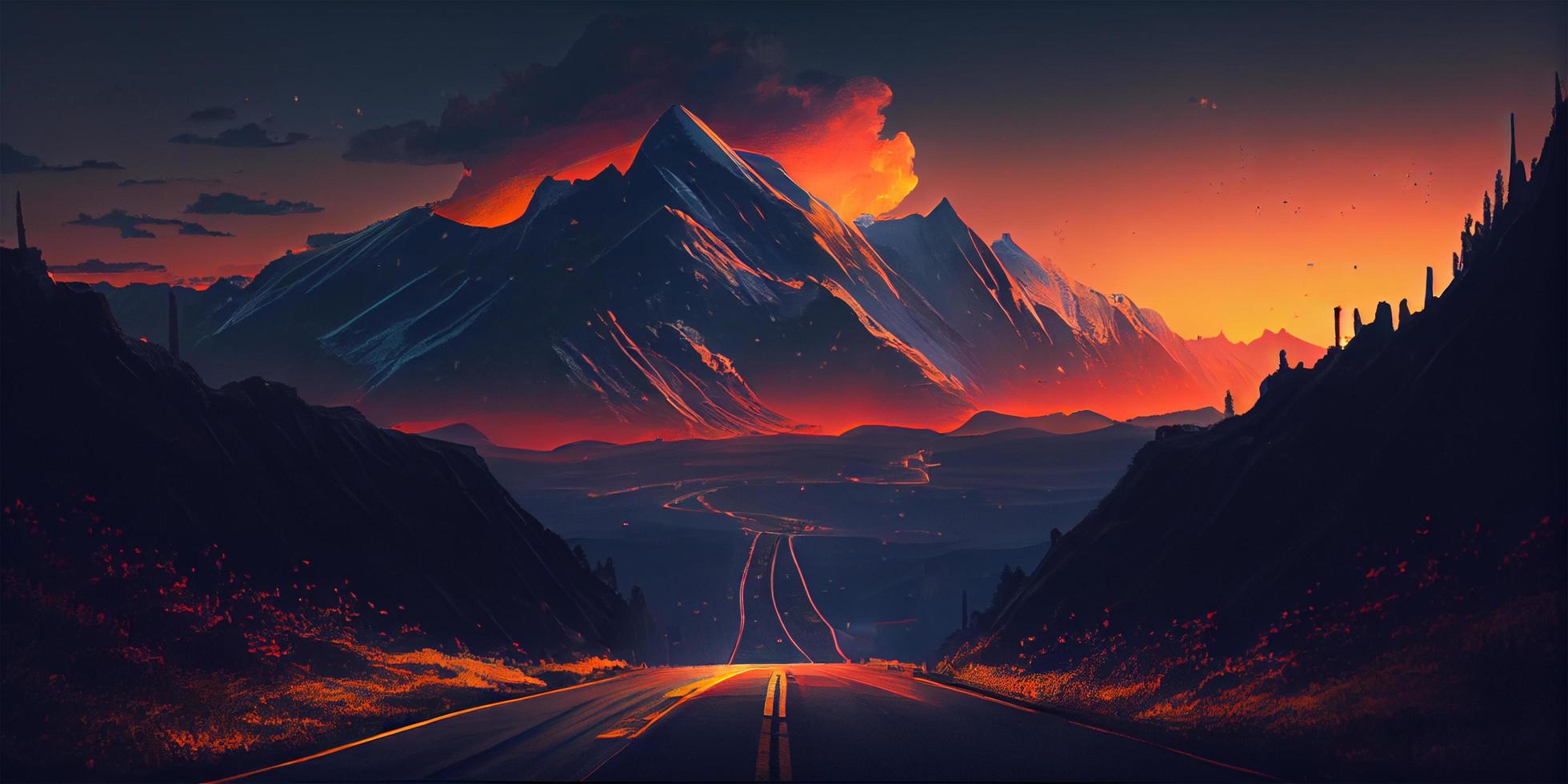 Asphalt road. Landscape with rocks, sunny sky with clouds and beautiful mountain road with a perfect asphalt at sunrise in summer. Vintage toning. Travel background. Highway in generative ai. photo