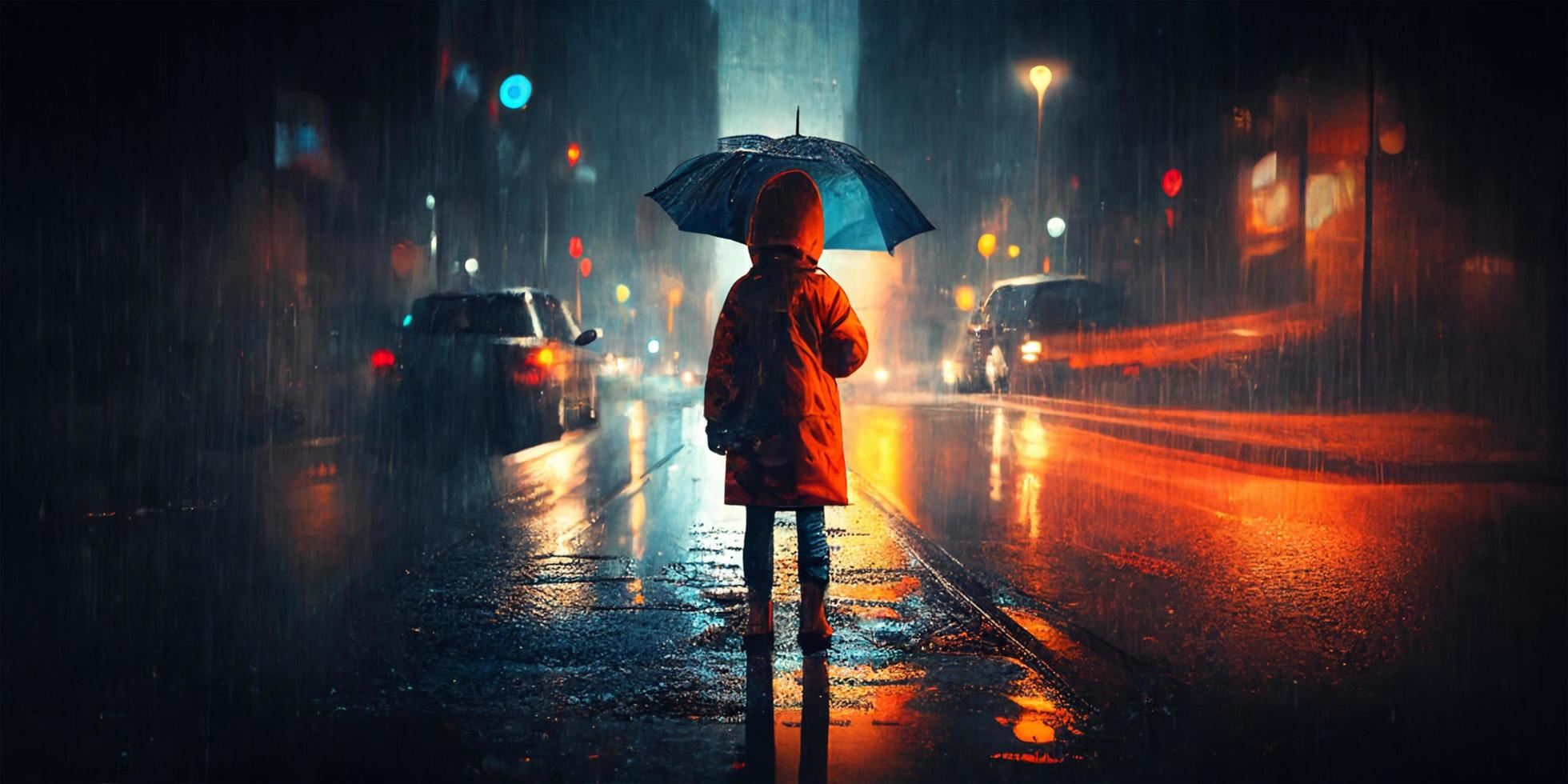 Child with umbrella in the night road city with rainy generative ai. photo