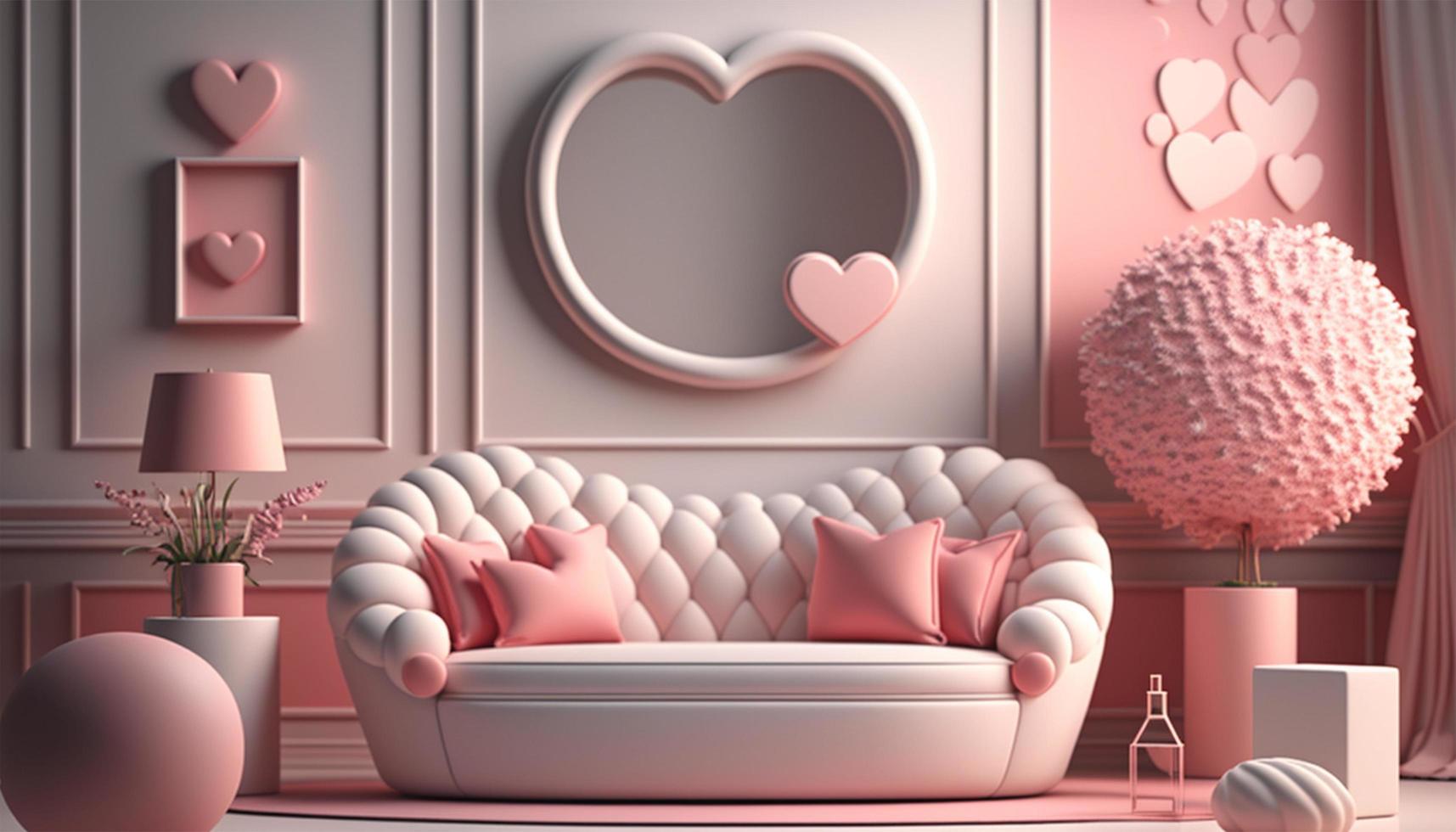 Valentine modern interior room have white pink sofa color and element home decor for valentine's day generative ai. photo