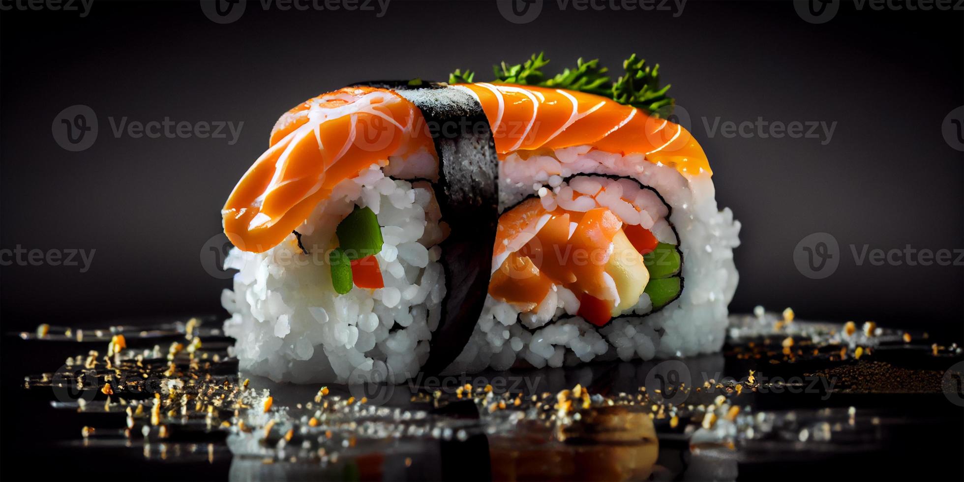A rolls with salmon, avocado, tuna and cucumber isolated on white background. Fresh hosomaki pieces with rice and nori. Closeup of delicious japanese food with sushi roll generative ai. photo