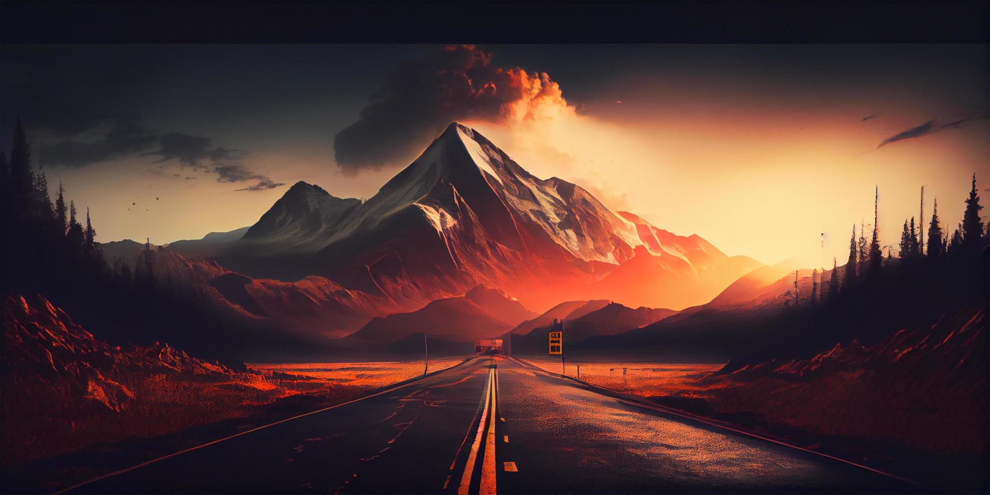 Asphalt road. Landscape with rocks, sunny sky with clouds and beautiful mountain road with a perfect asphalt at sunrise in summer. Vintage toning. Travel background. Highway in generative ai. photo