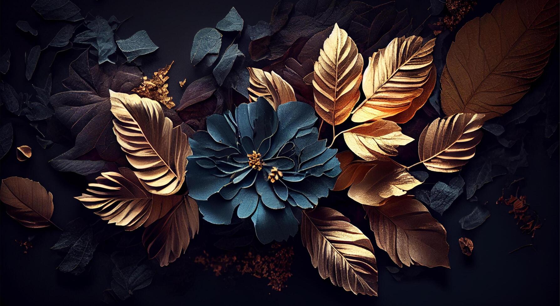 Luxury and elegant blue and golden dust flowers, and branch leaves on dark blue background. Vintage floral decoration. Flat lay, top view fantastic plant 3d illustration. . photo