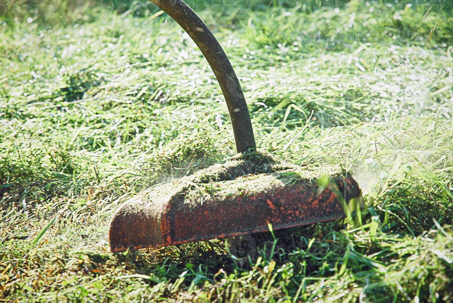 String trimmer cutting grass closeup photo