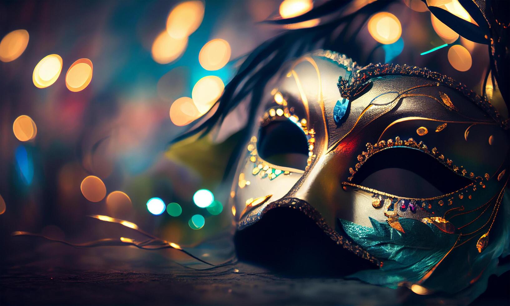 Venetian Mask With Abstract Defocused Bokeh Lights And Shiny Streamers for Carnival Party. Masquerade Disguise Concept. Blurred Bokeh Background. . photo