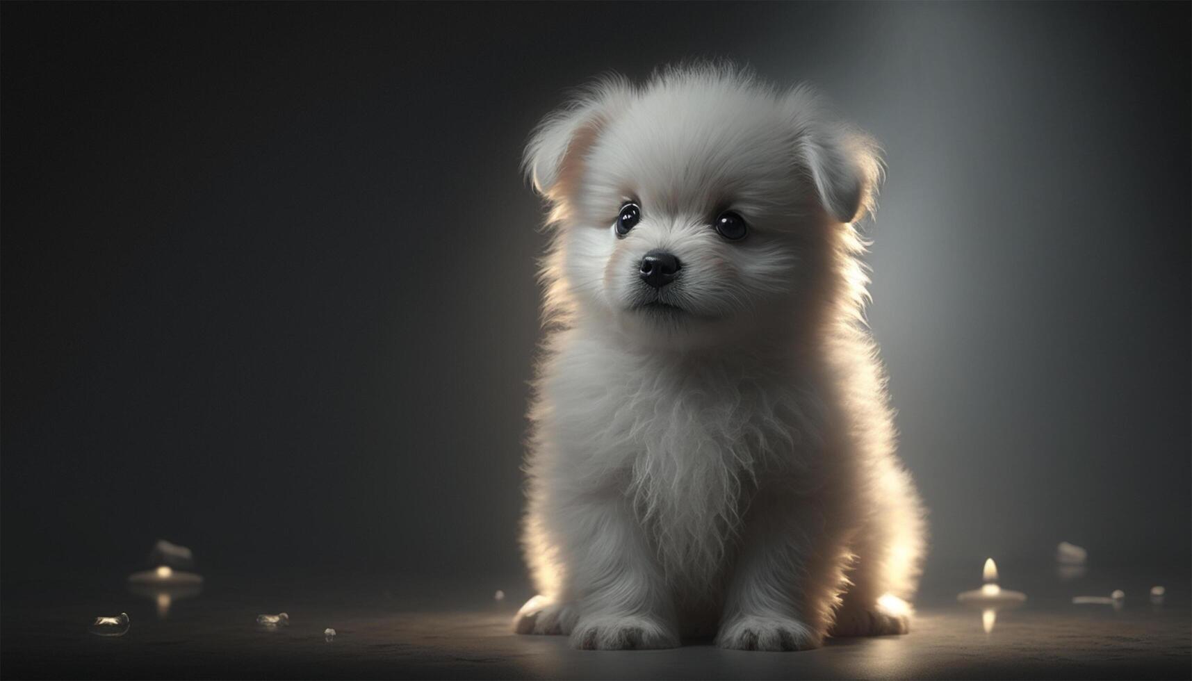 blanco linda perrito foto disparar en interior estudio con cinematográfico Encendiendo. grande negro ojos. generativo ai.