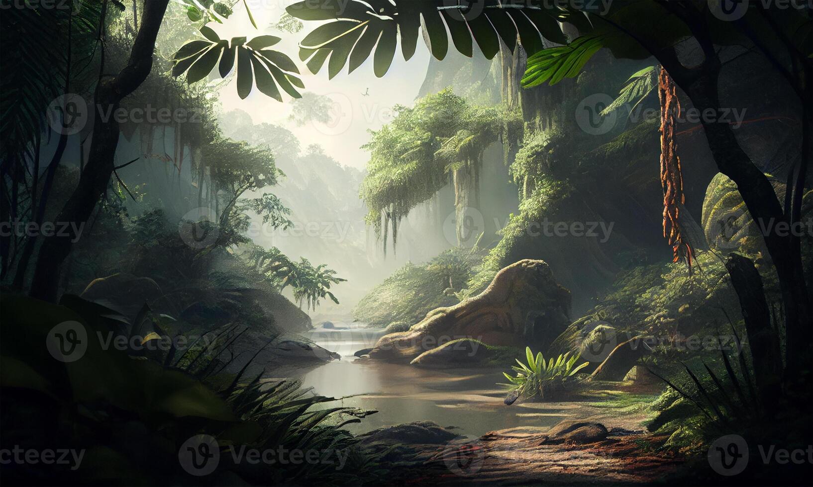 Deep tropical jungle inside a tropical forest dazzling with sunshine. one with nature in the forest. . photo