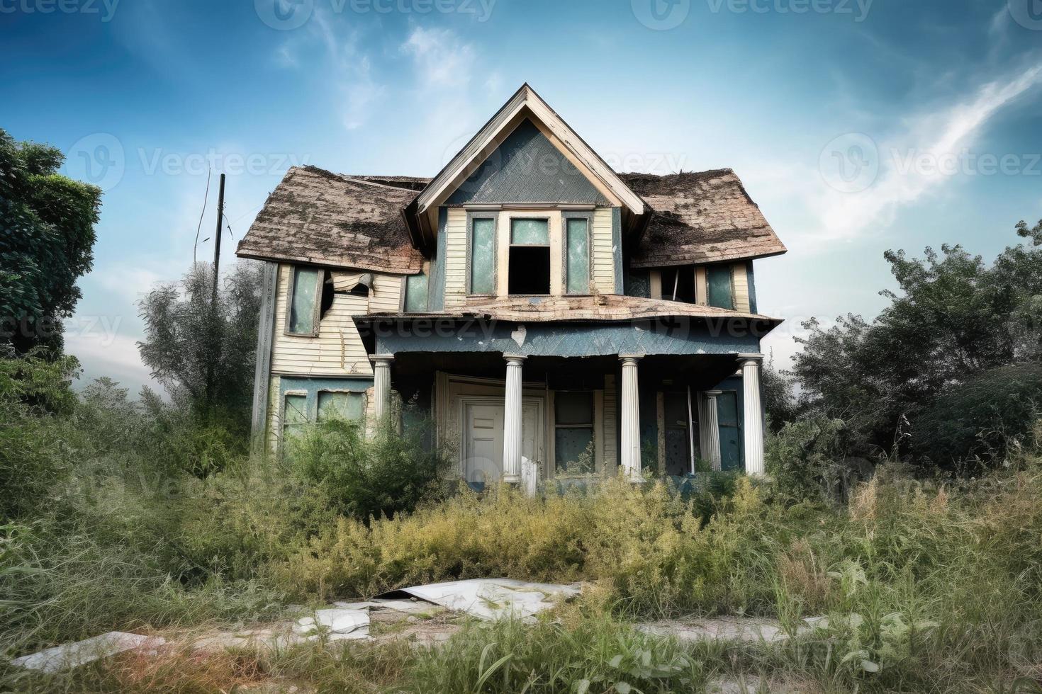 Dilapidated and abandoned house, concept of real estate fall photo