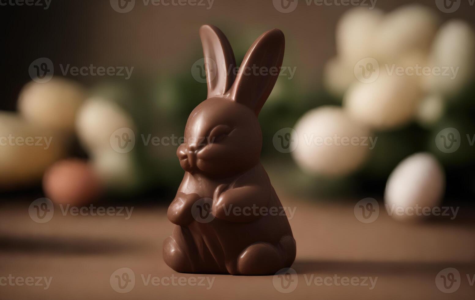 Illustration of a delicious chocolate bunny on a wooden table created with technology photo